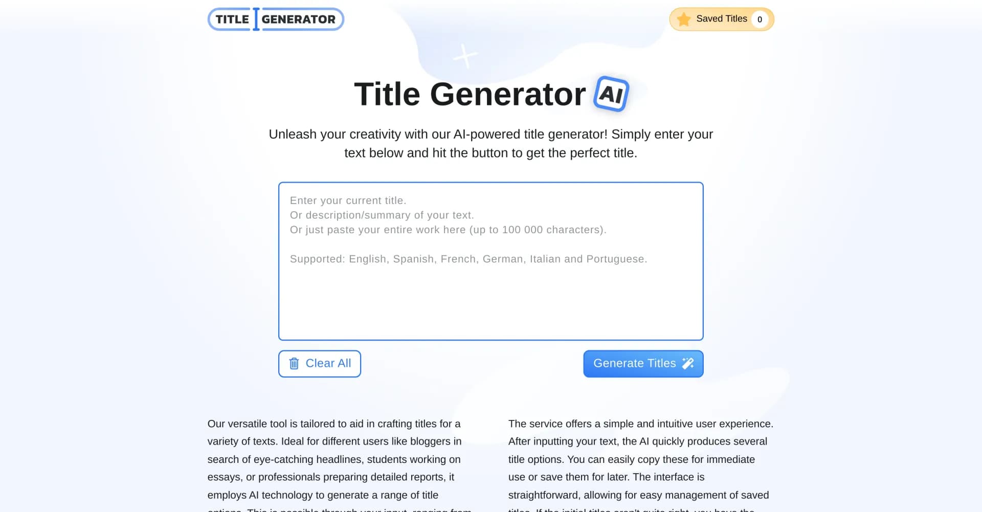 Title Generator homepage screenshot — Craft compelling titles with AI precision