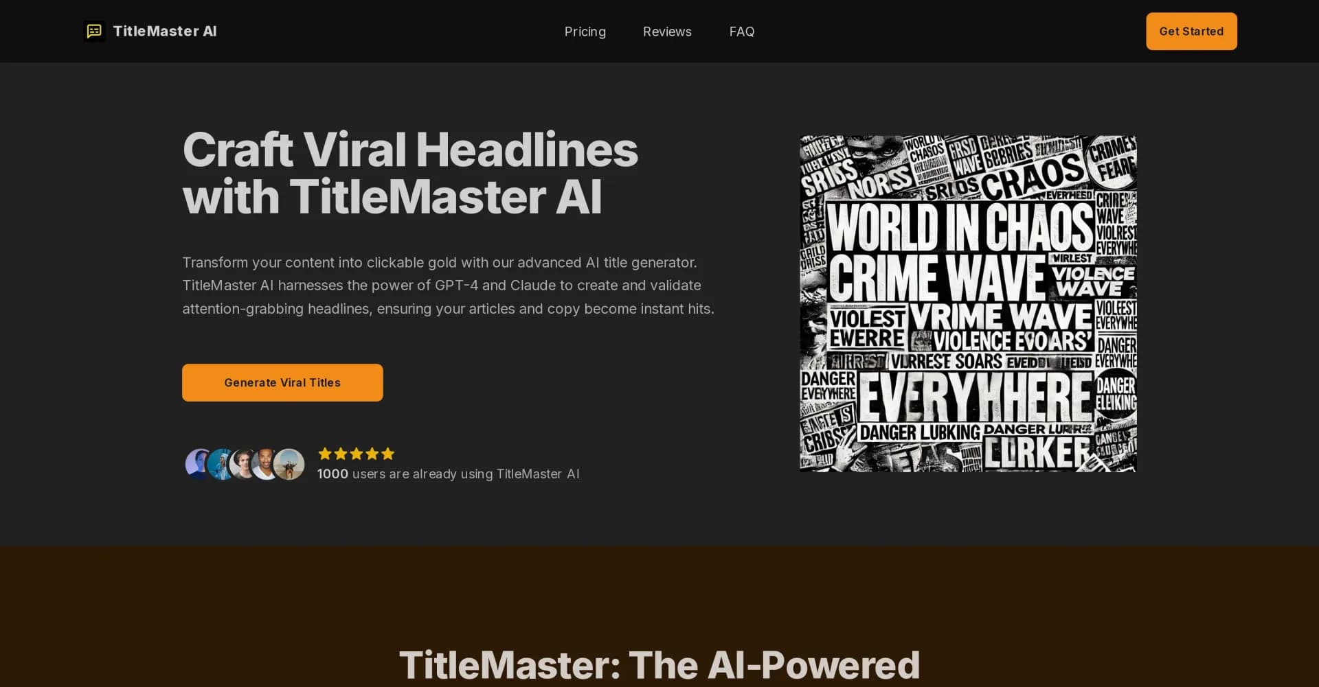 TitleMaster AI homepage screenshot — Craft viral headlines with AI-powered title generation.