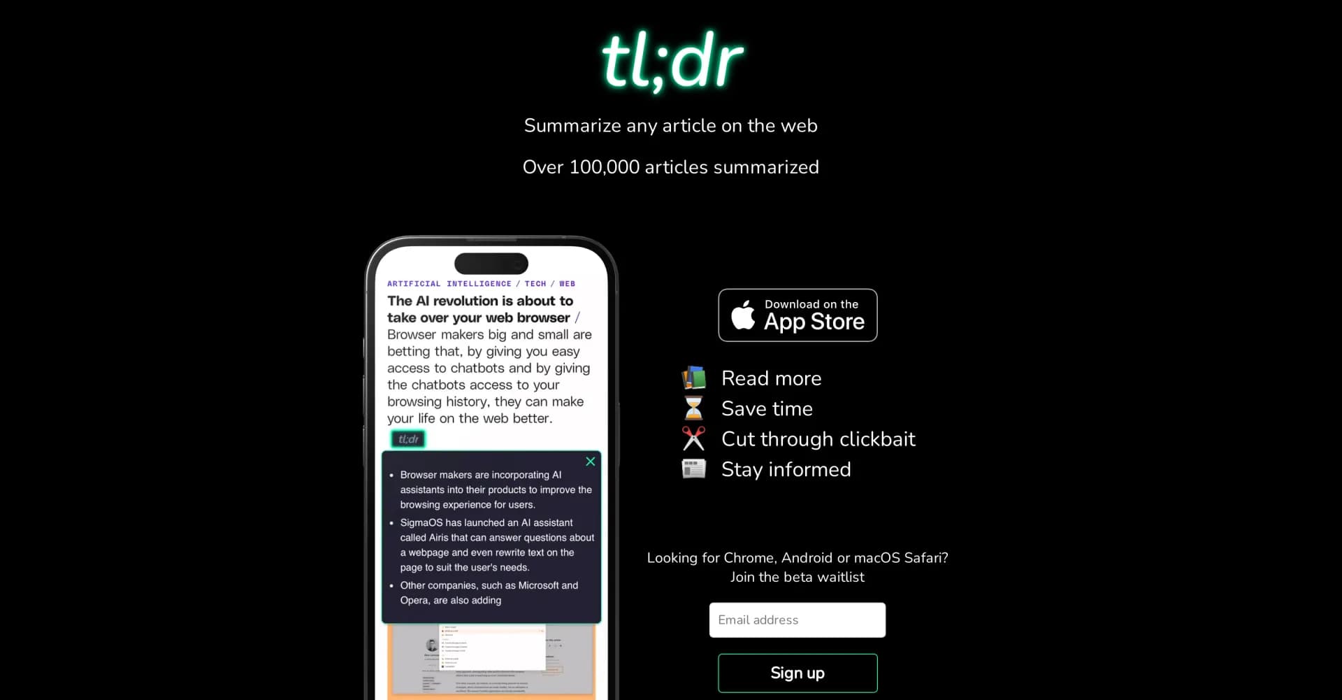 tl;dr AI Summarizer homepage screenshot — Instantly summarize web articles to save time and stay infor
