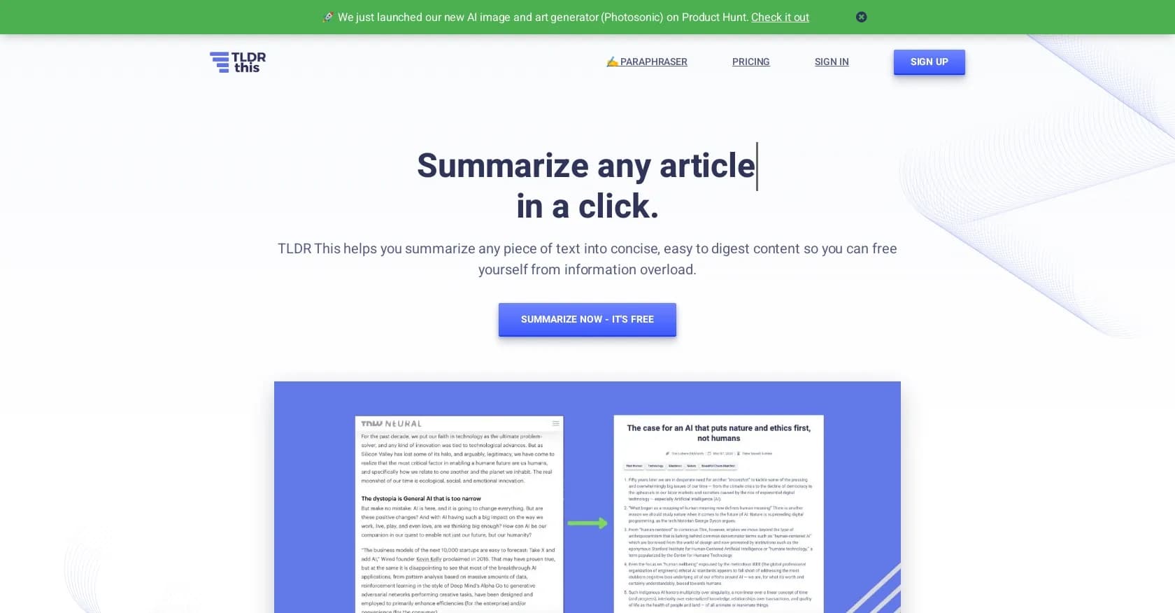 TLDR This homepage screenshot — Online text summarizing for long articles.
