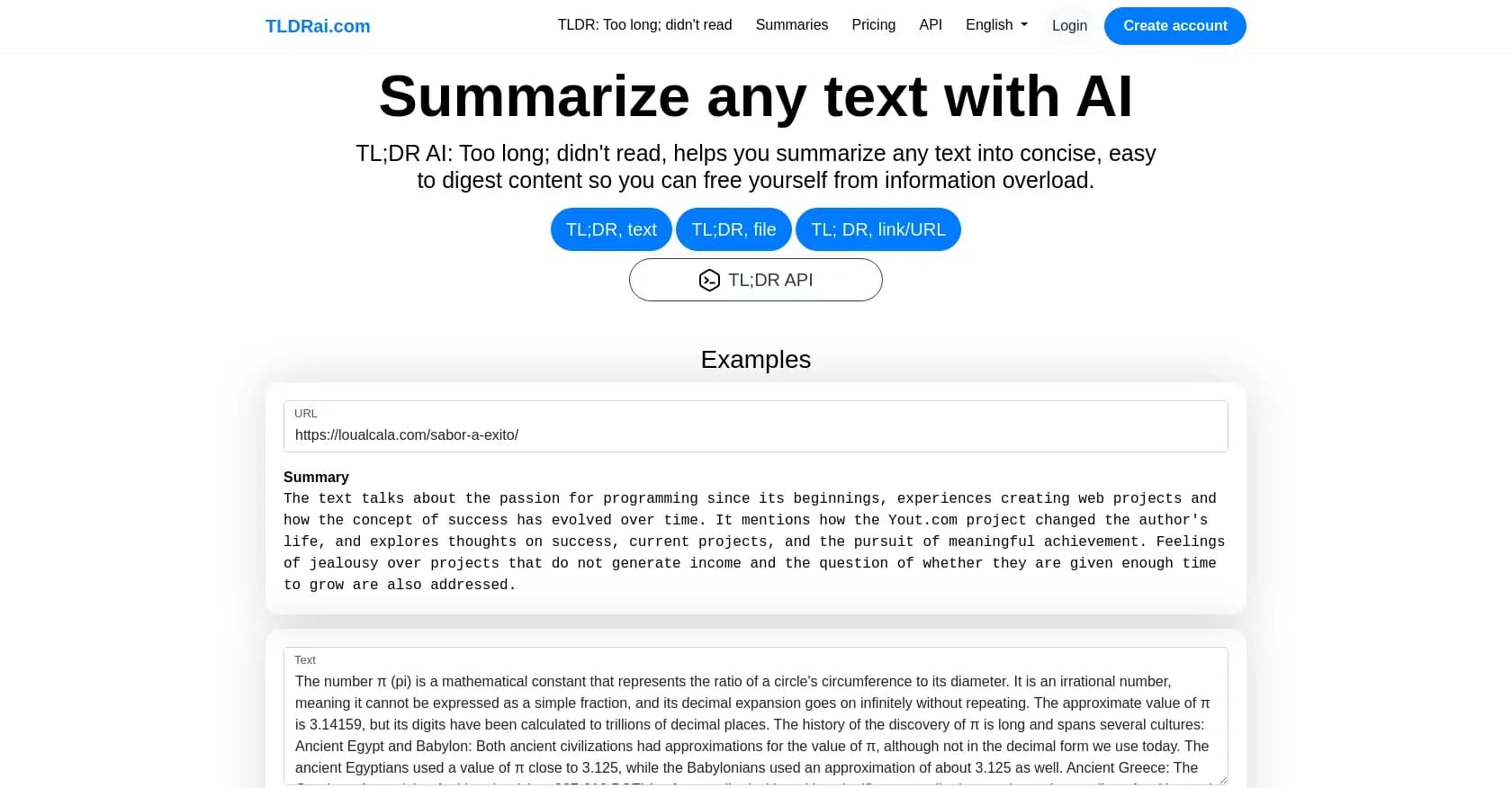 TLDRAI homepage screenshot — Make summaries from any text using AI.