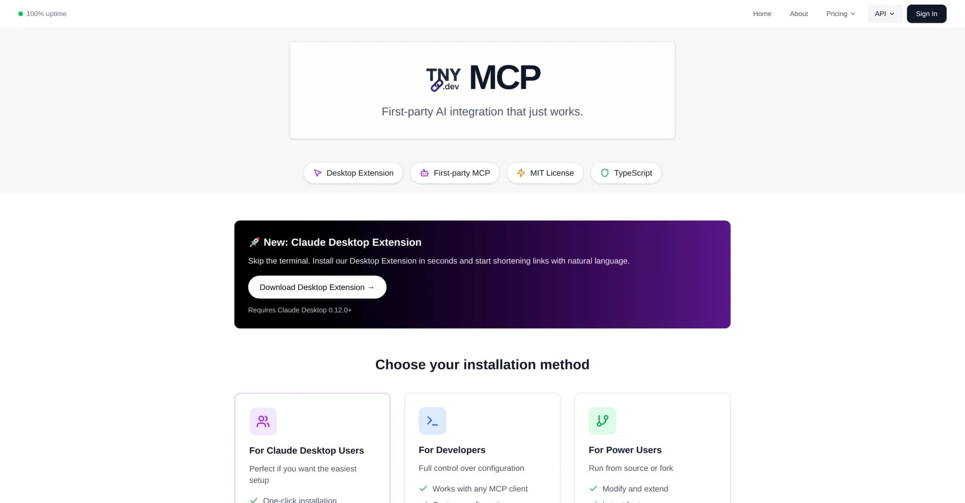 tny.dev homepage screenshot — API-first link shortener built for AI agents.