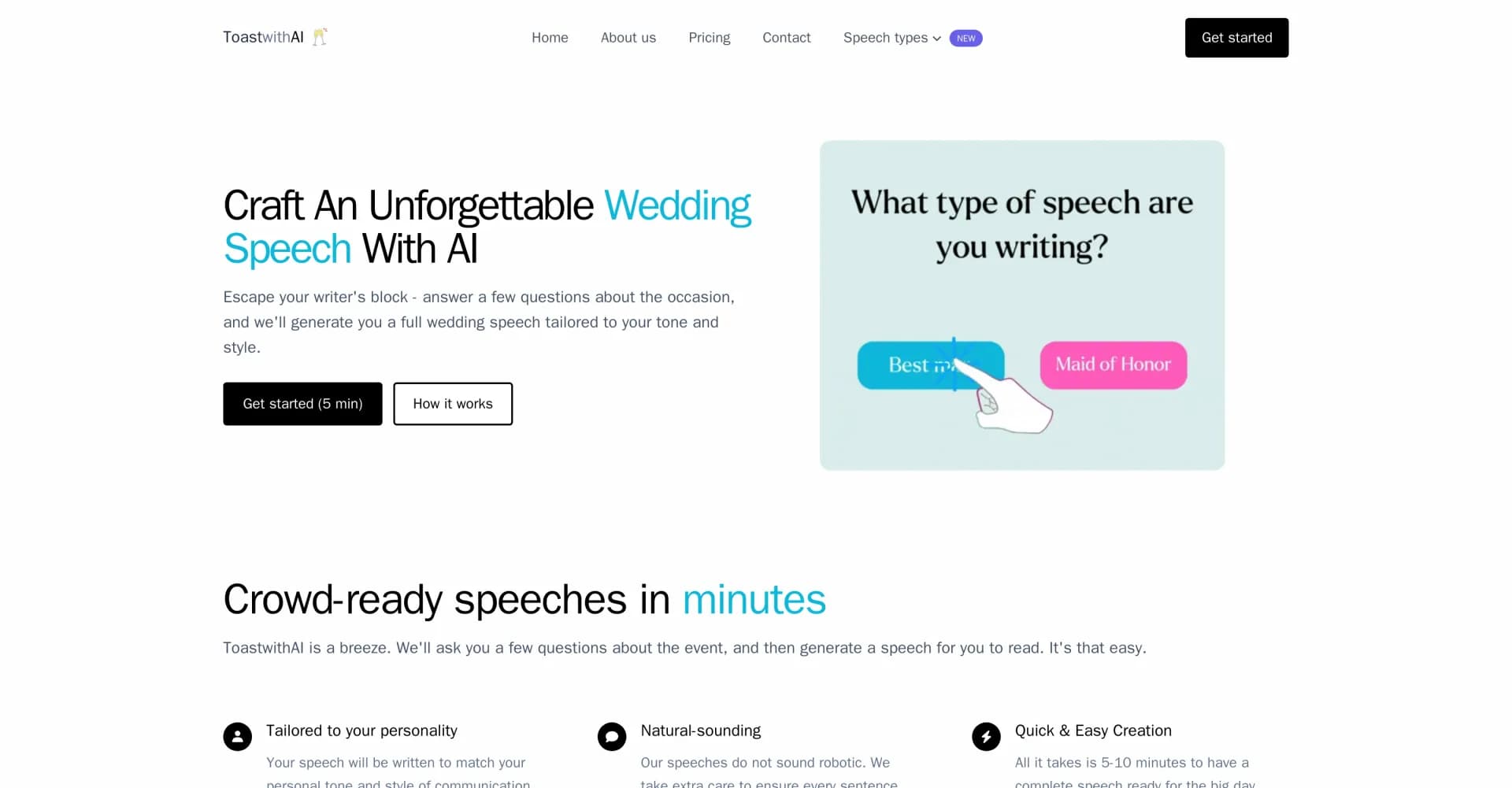 ToastwithAI homepage screenshot — Craft unforgettable wedding speeches with AI