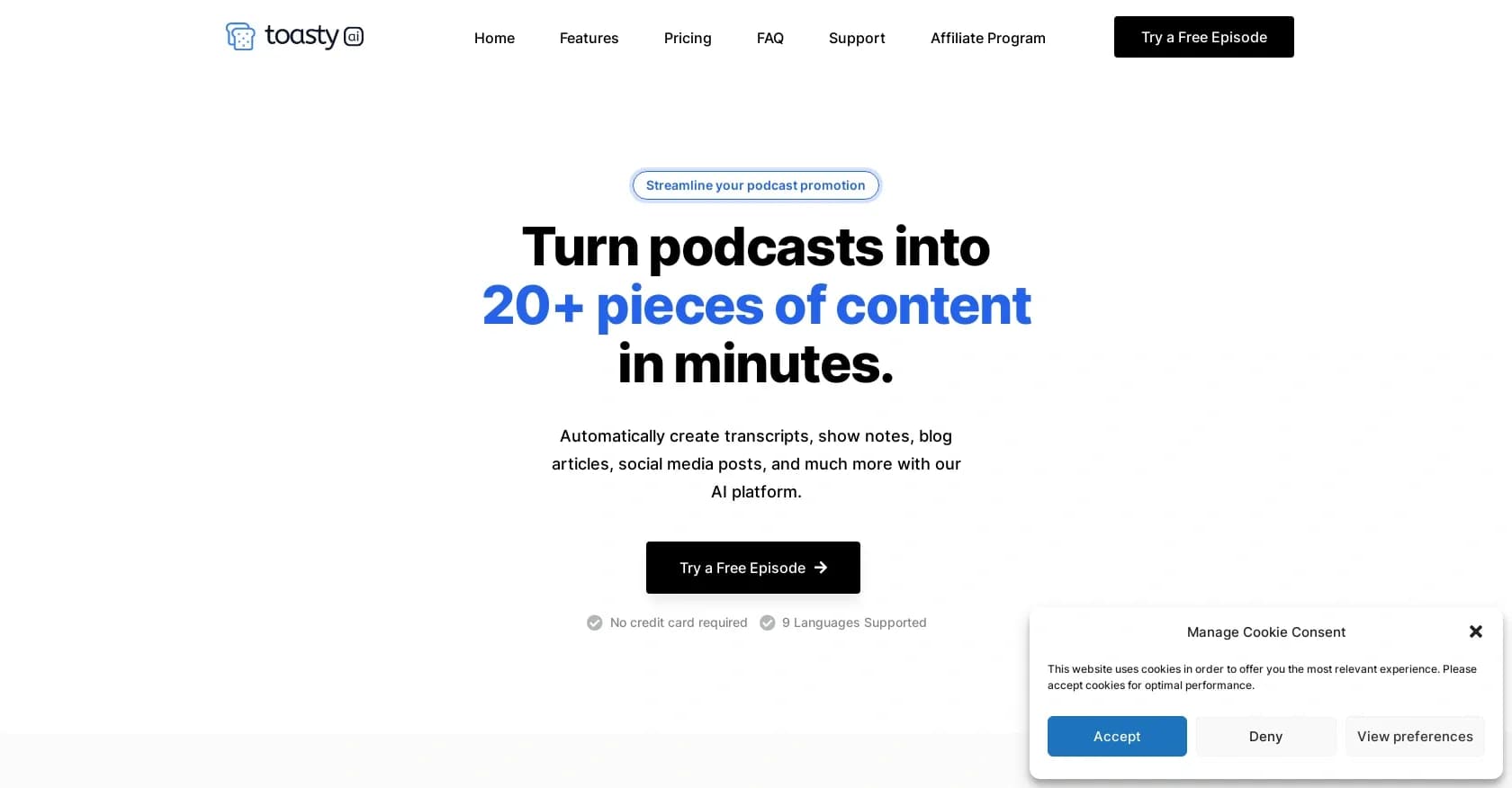 ToastyAI homepage screenshot — Streamlined podcast content creation and promotion.