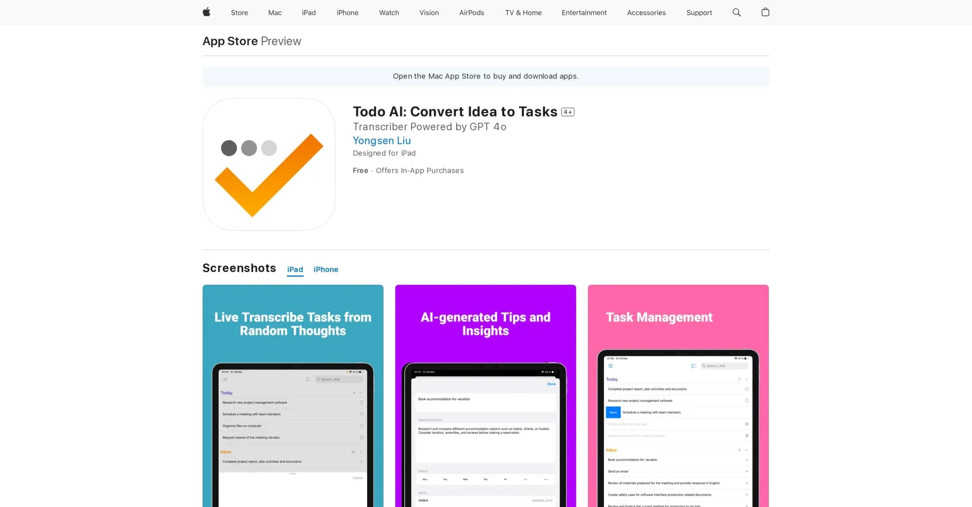 Todo AI homepage screenshot — Transform thoughts into organized tasks instantly