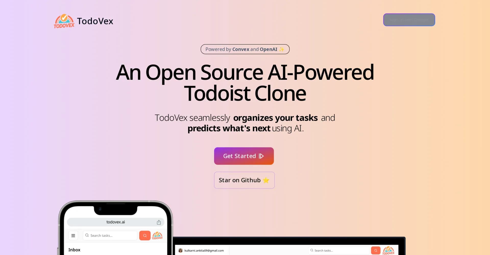 TodoVex homepage screenshot — AI-powered todo list that predicts your next tasks