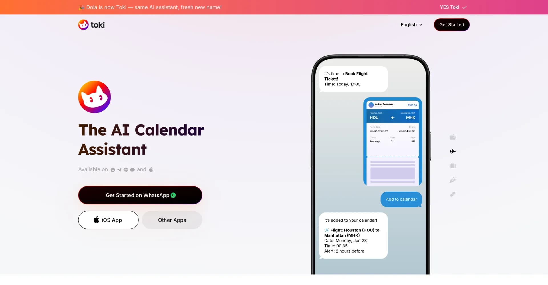 Toki AI homepage screenshot — AI calendar assistant that manages your schedule.