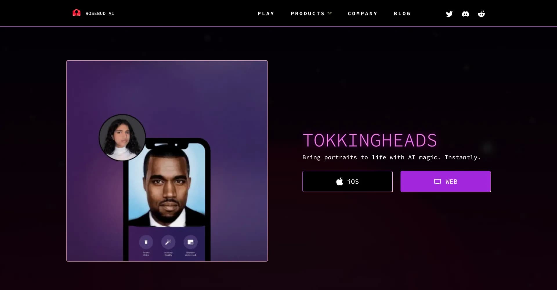 TokkingHeads homepage screenshot — Instantly animate portraits with AI magic.