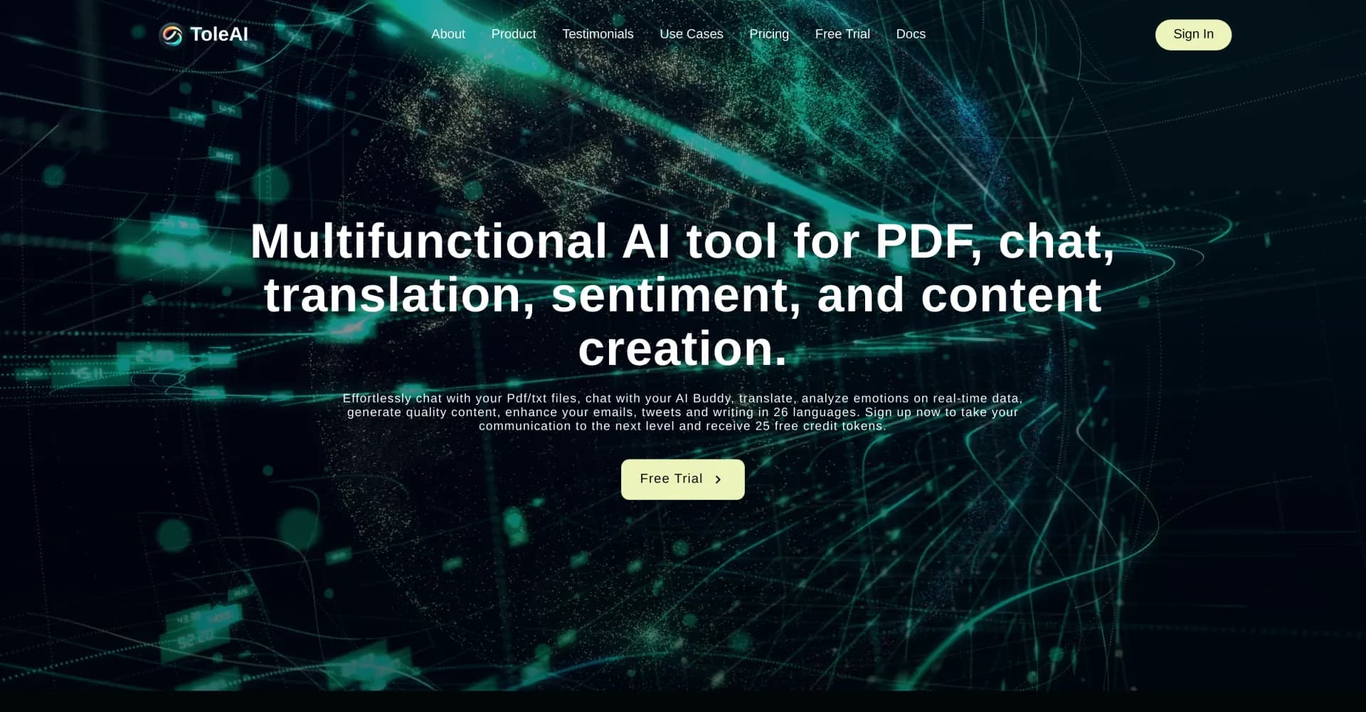 ToleAI homepage screenshot — Revolutionize communication with AI-powered language tools.