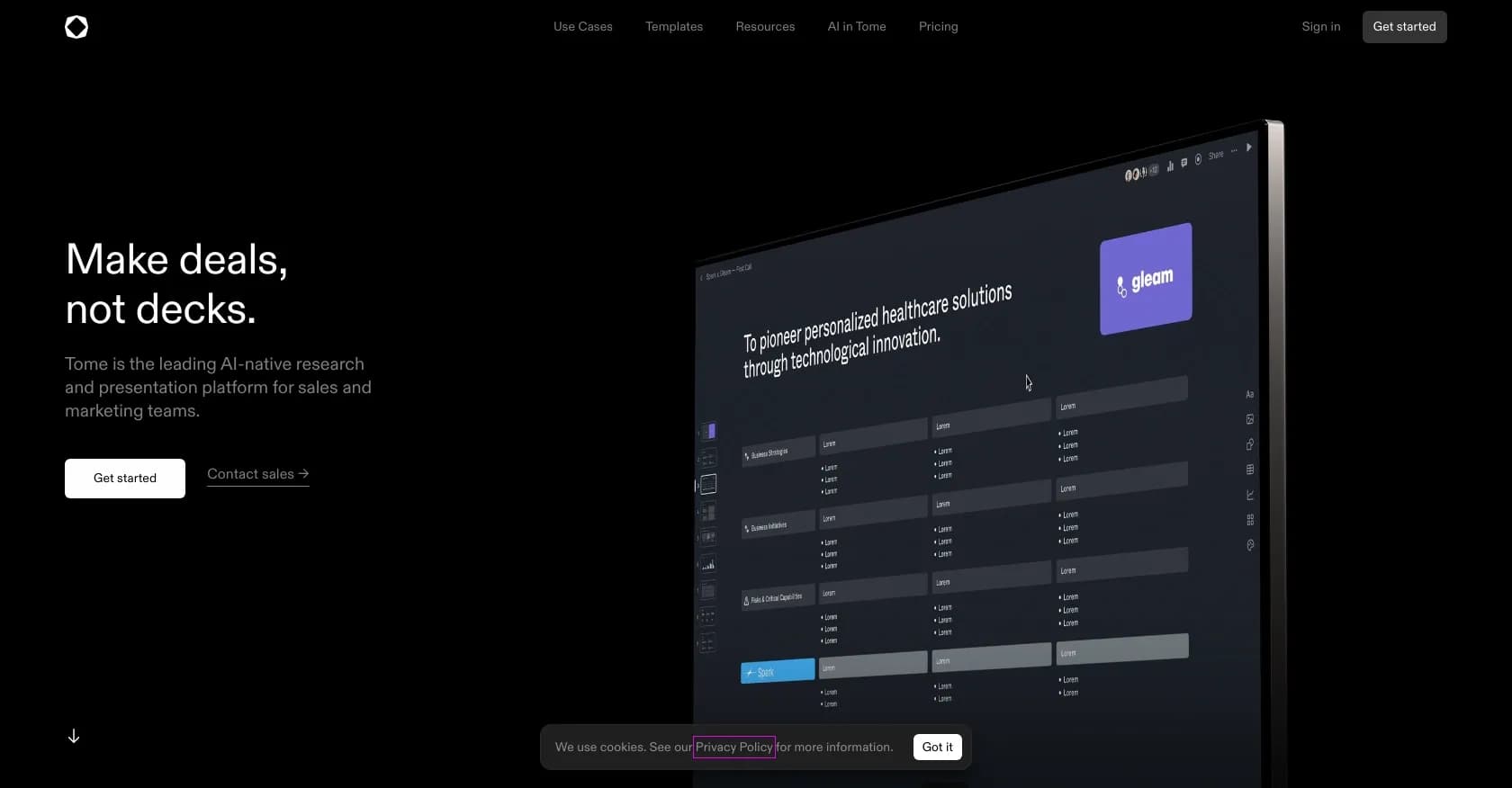 Tome homepage screenshot — Make deals, not decks.