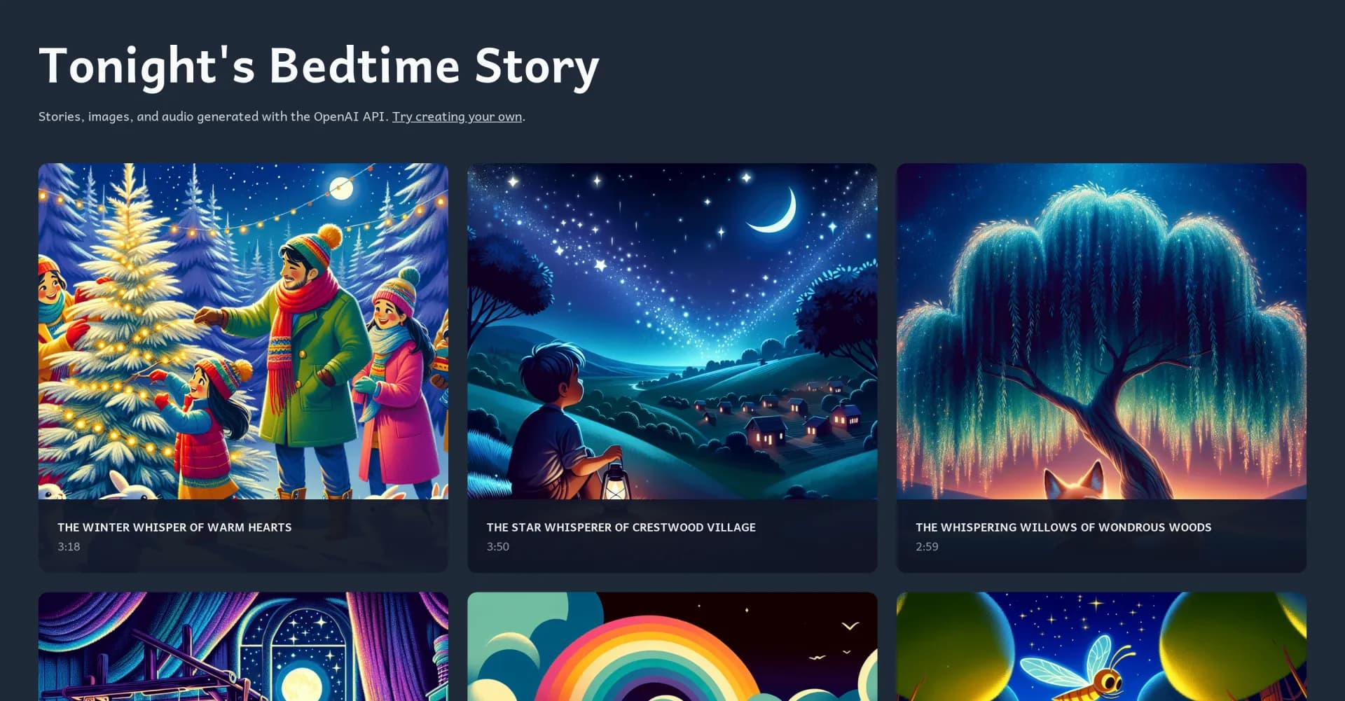 Tonight's Bedtime Story homepage screenshot — AI-generated bedtime stories with audio