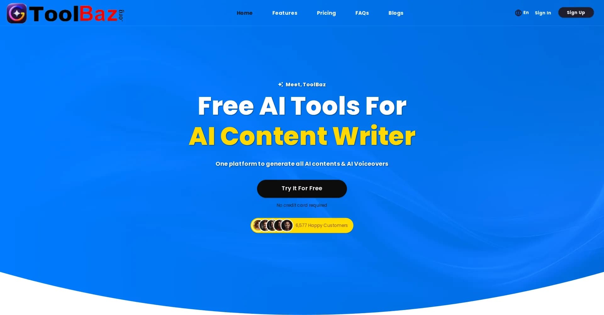 ToolBaz homepage screenshot — One platform for all AI content creation