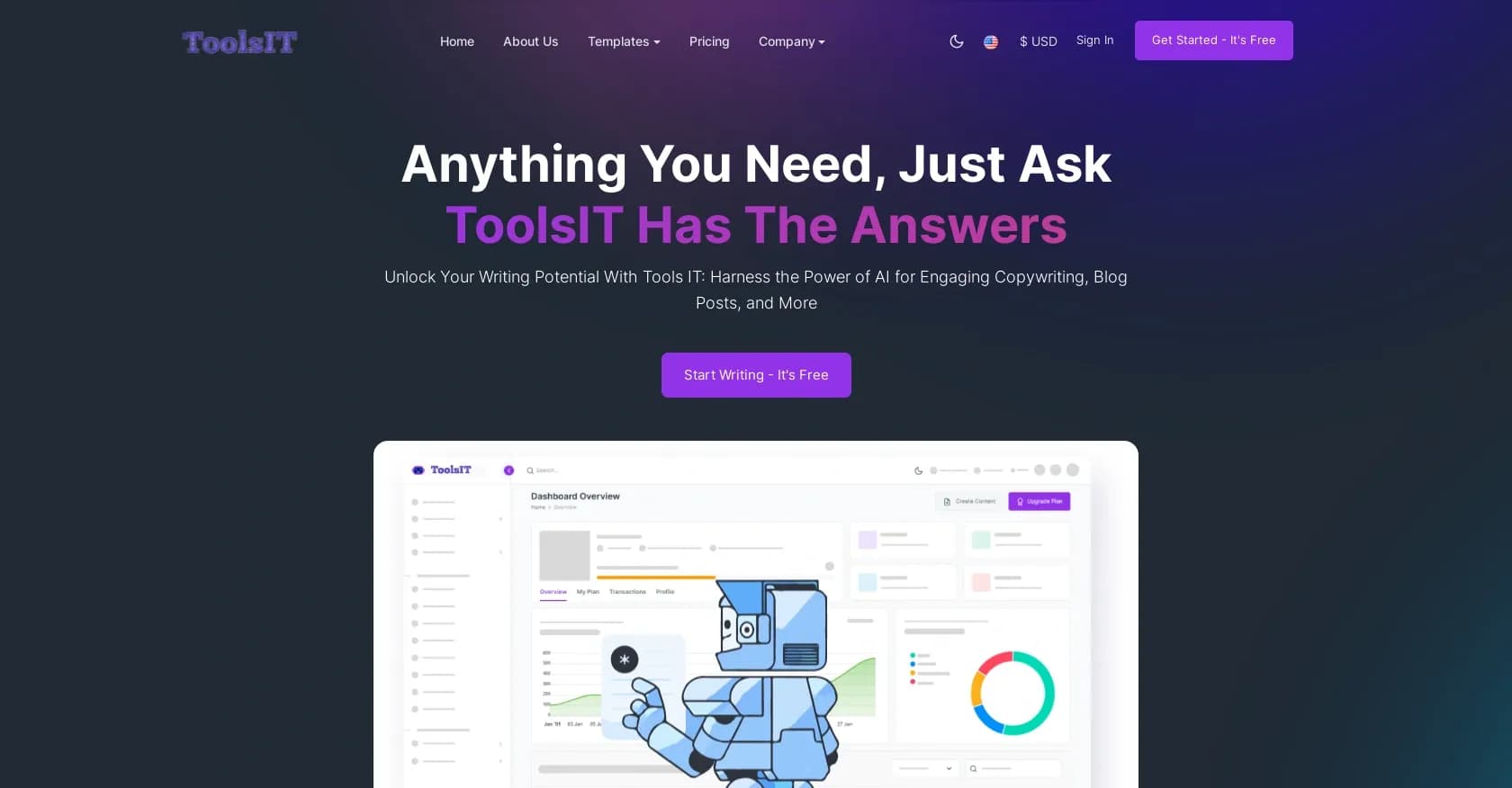 ToolsIT homepage screenshot — Empower marketers with AI-powered tools.