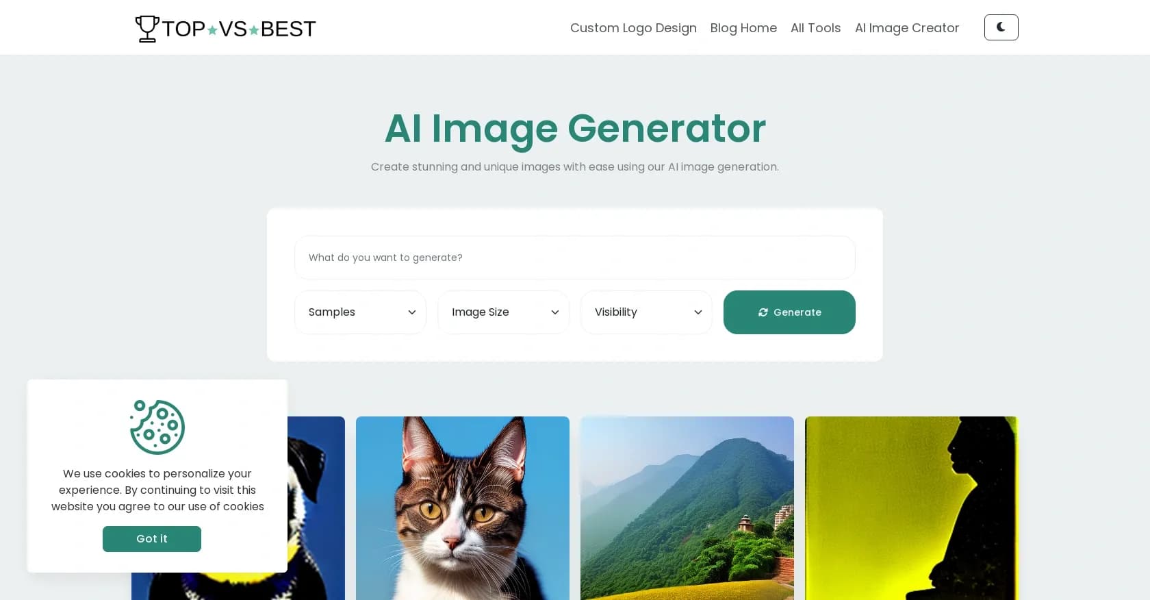 Top VS Best homepage screenshot — Create stunning images effortlessly with AI