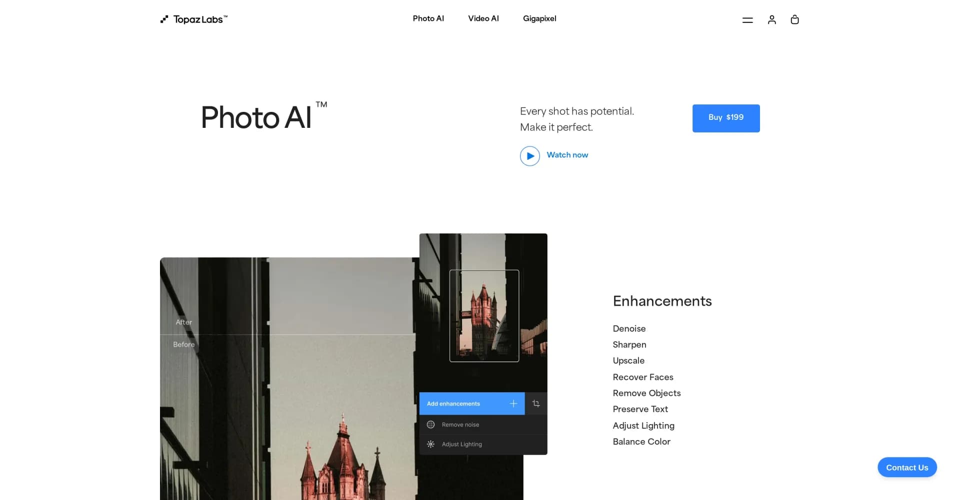 Topaz Labs | Photo AI 4 homepage screenshot — Make every shot perfect with AI-powered photo enhancement.