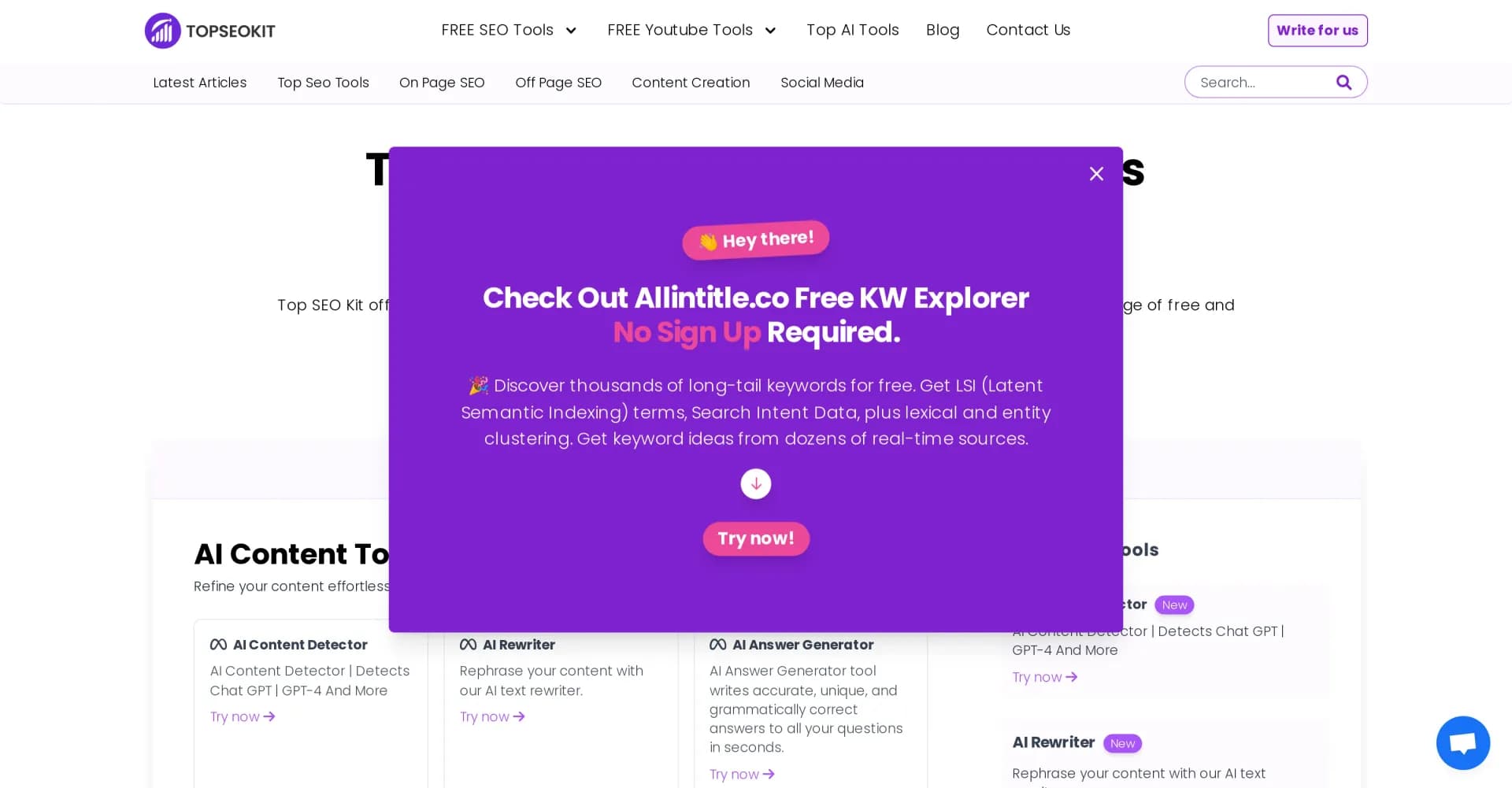 Topseokit homepage screenshot — Boost your site with free SEO tools