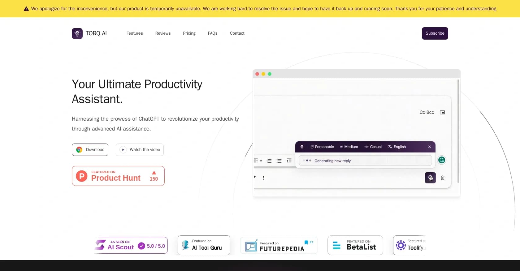 Torq.live homepage screenshot — AI-powered assistant for revolutionary productivity.