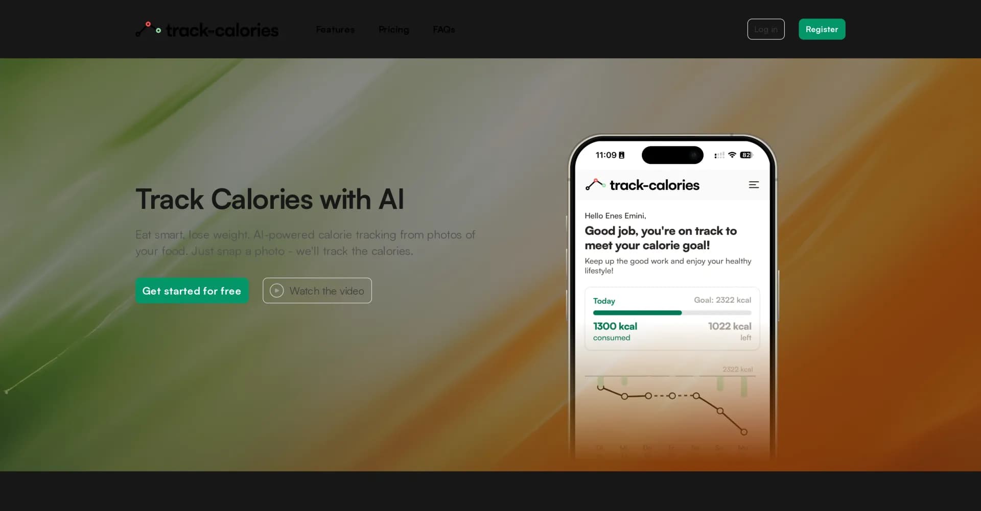 Track Calories homepage screenshot — AI calorie tracking from food photos.