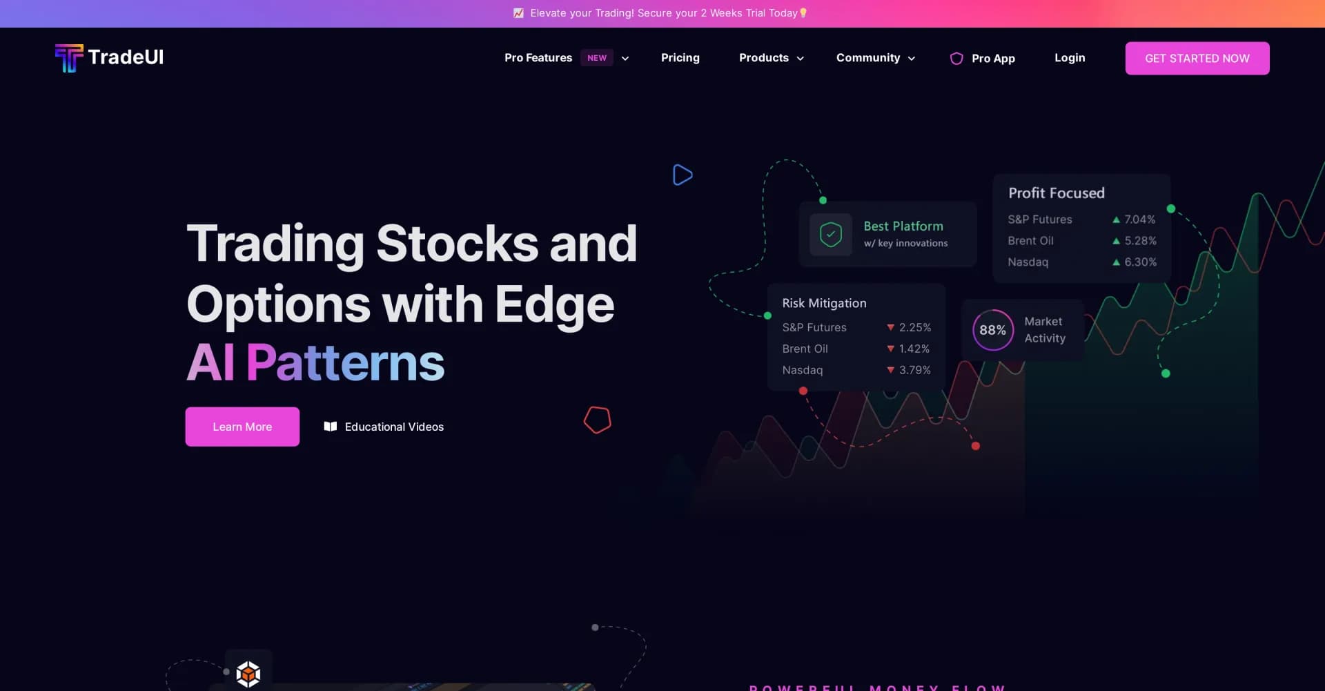 TradeUI homepage screenshot — Empower your investment strategies with AI signals, option f