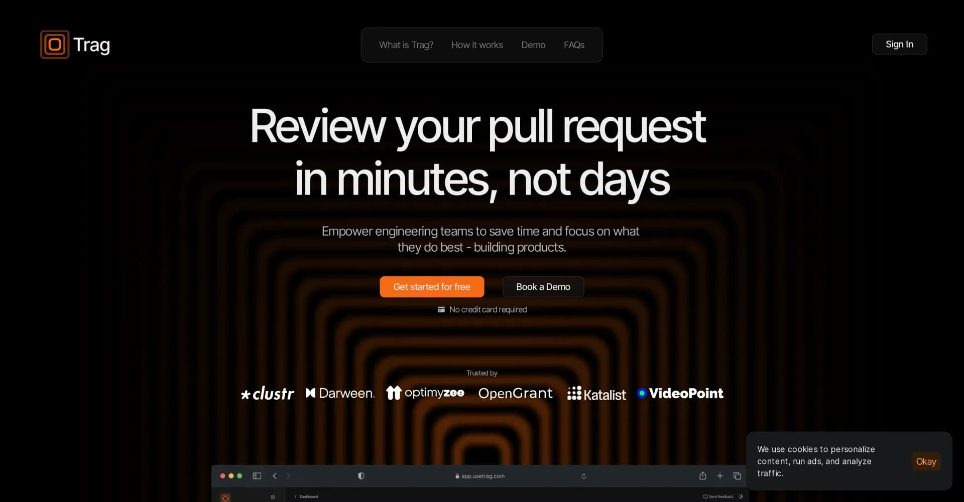 Trag homepage screenshot — Review your pull request in minutes, not days