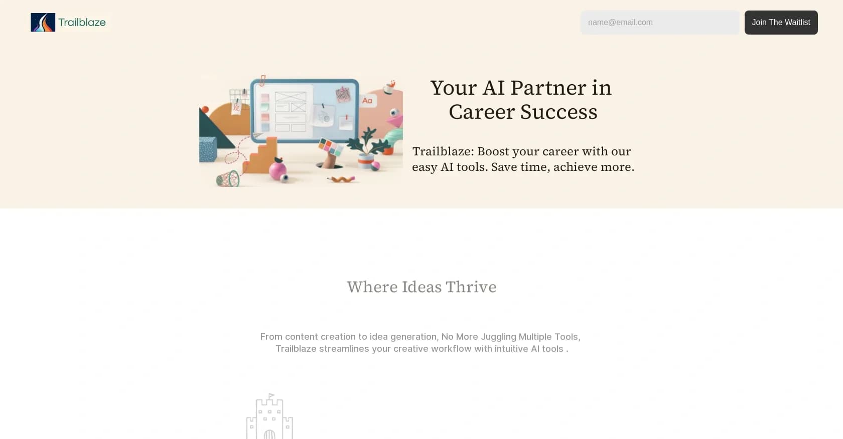 Trailblaze homepage screenshot — Boost your career with easy AI tools