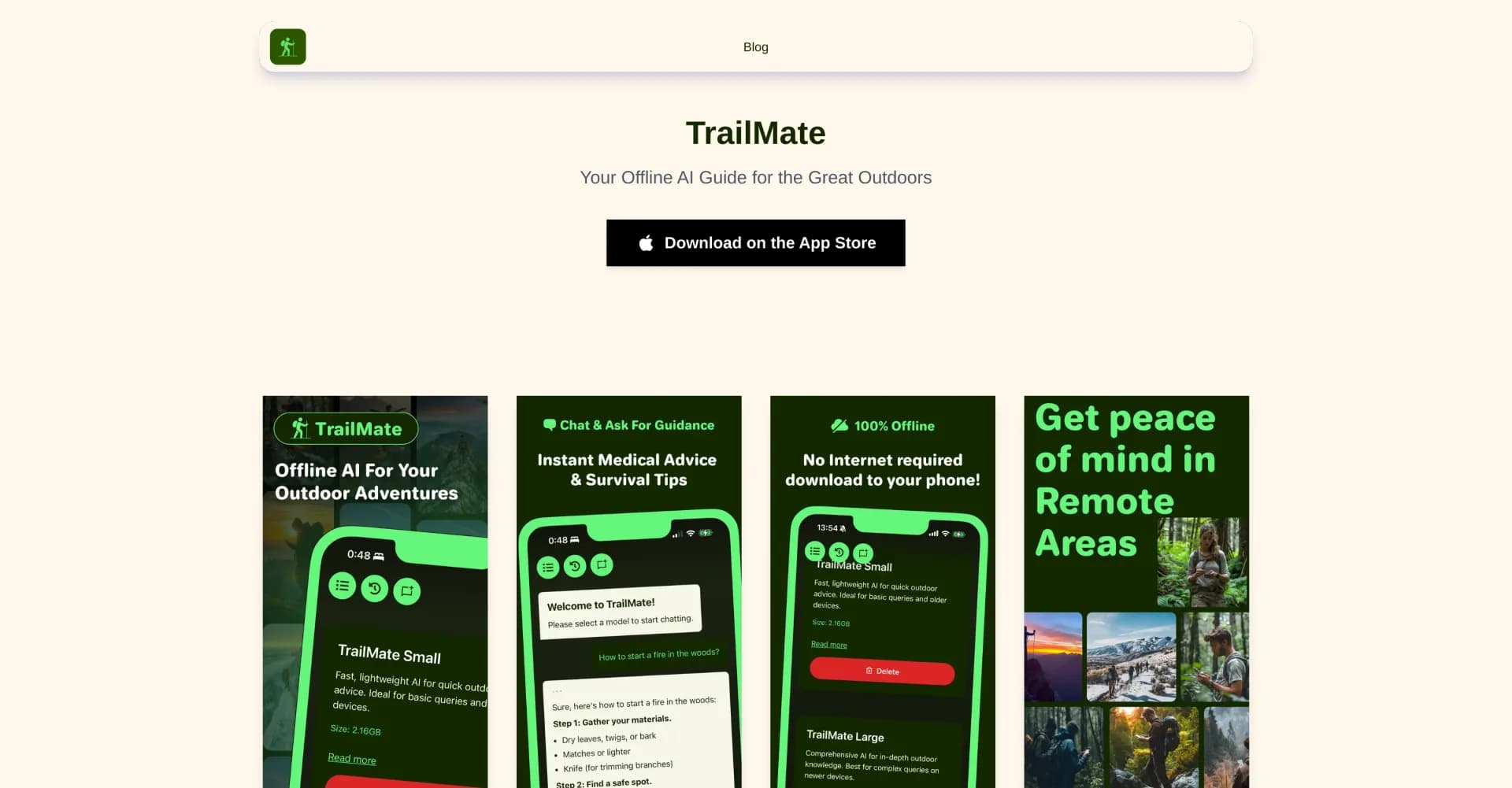 TrailMate homepage screenshot — Your offline AI guide for outdoor adventures.