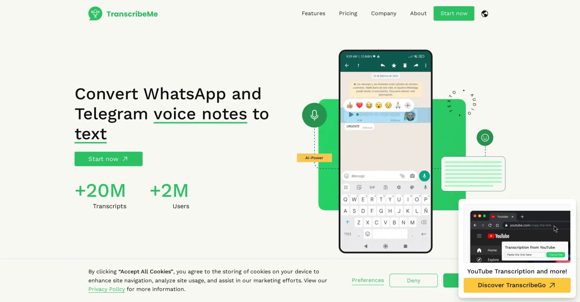 TranscribeMe homepage screenshot — Convert WhatsApp and Telegram voice messages to text