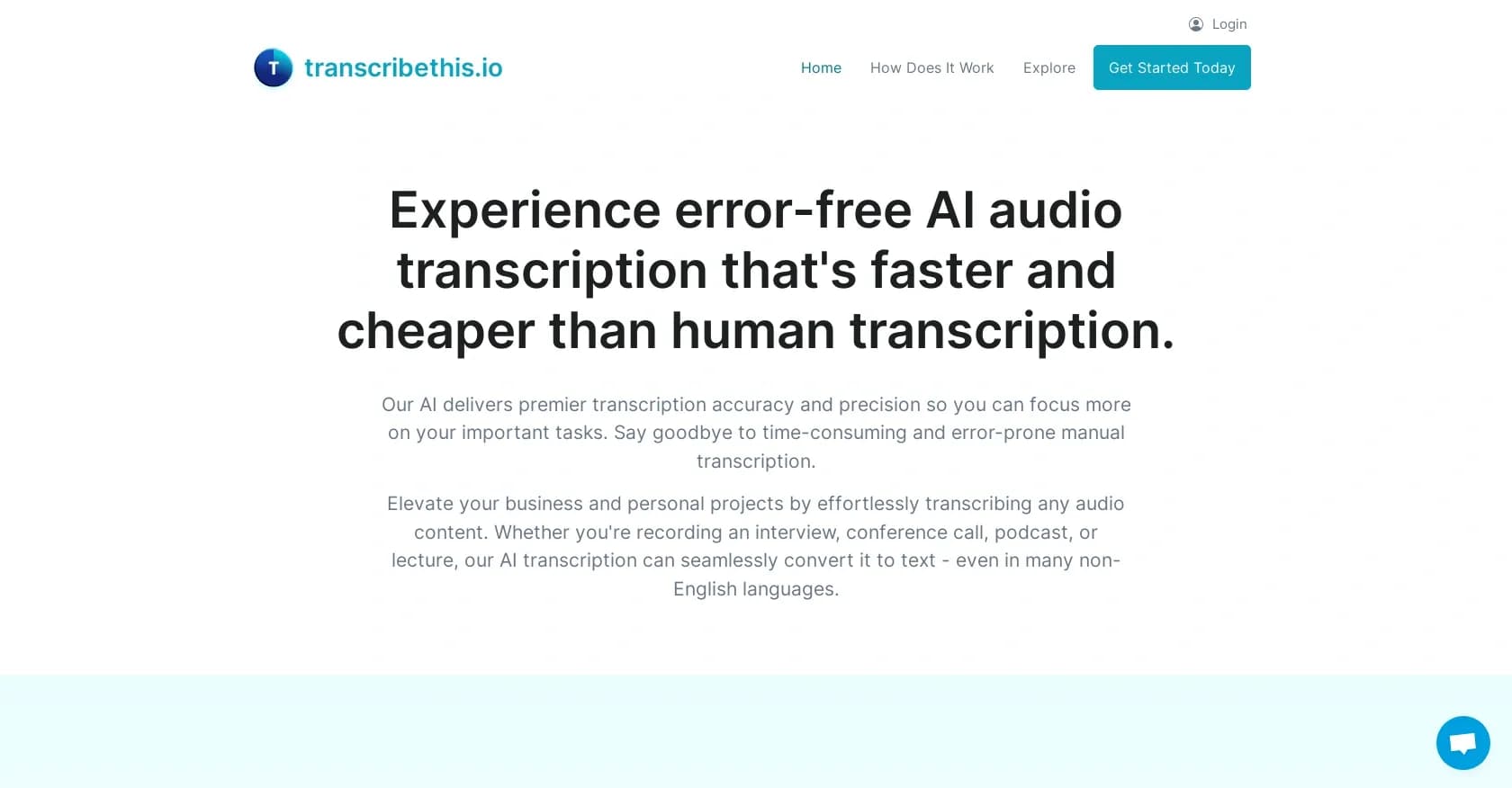 Transcribethis homepage screenshot — AI audio transcription: faster, cheaper, error-free.
