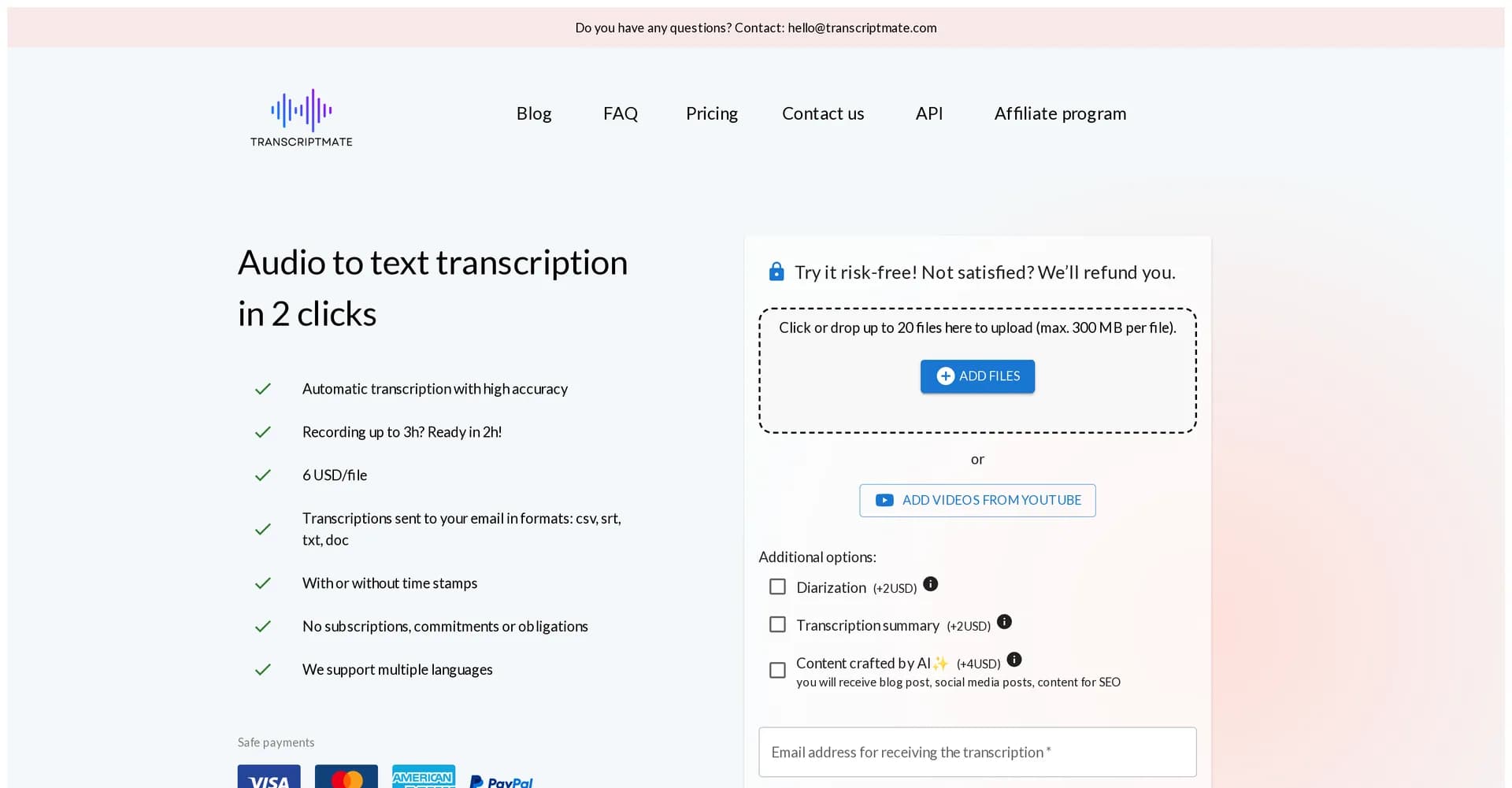 Transcriptmate homepage screenshot — Audio to text transcription in 2 clicks