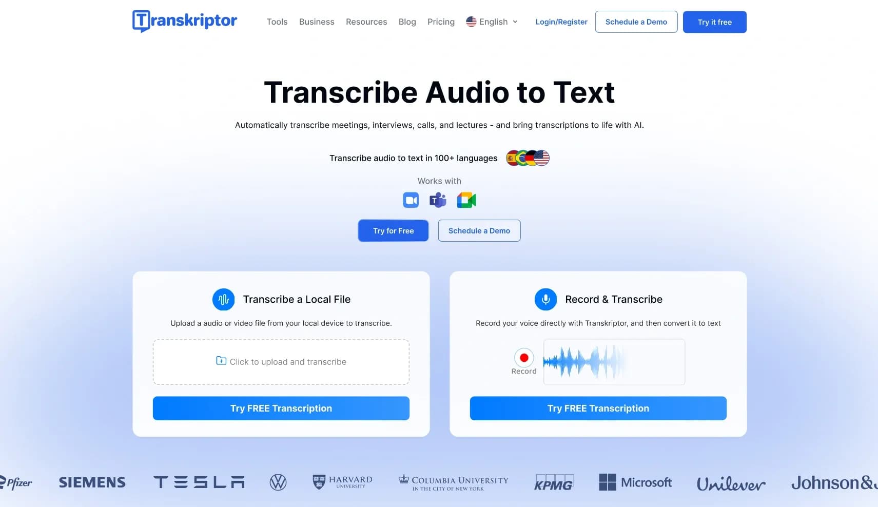Transkriptor homepage screenshot — Convert audio or video to text