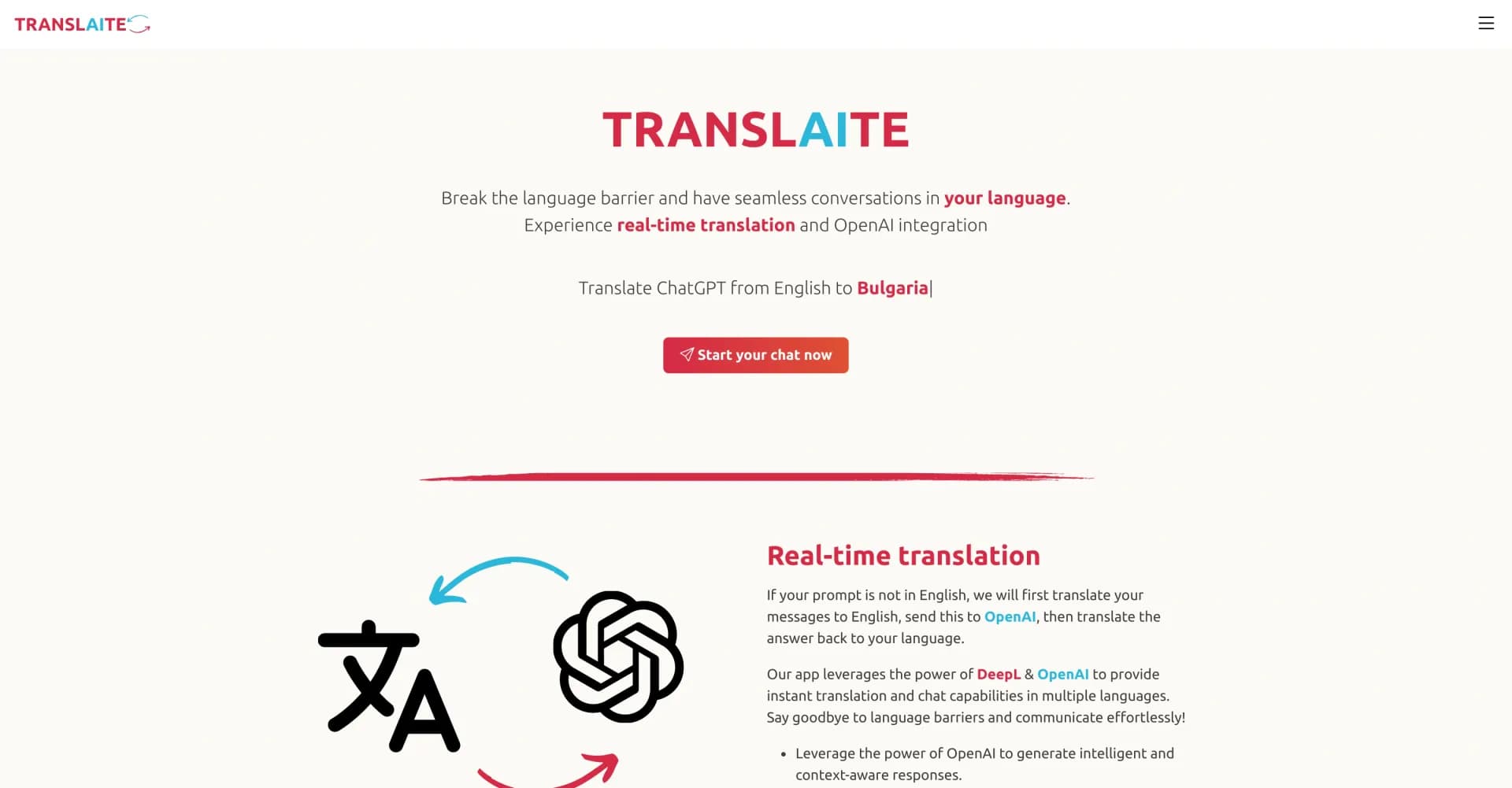 Translaite homepage screenshot — Break the language barrier for seamless AI conversations.