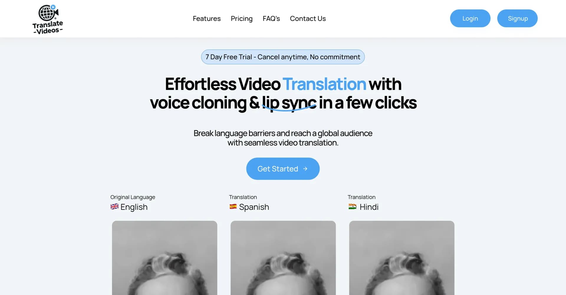 Translate Videos homepage screenshot — Effortless video translation with voice cloning & lip sync