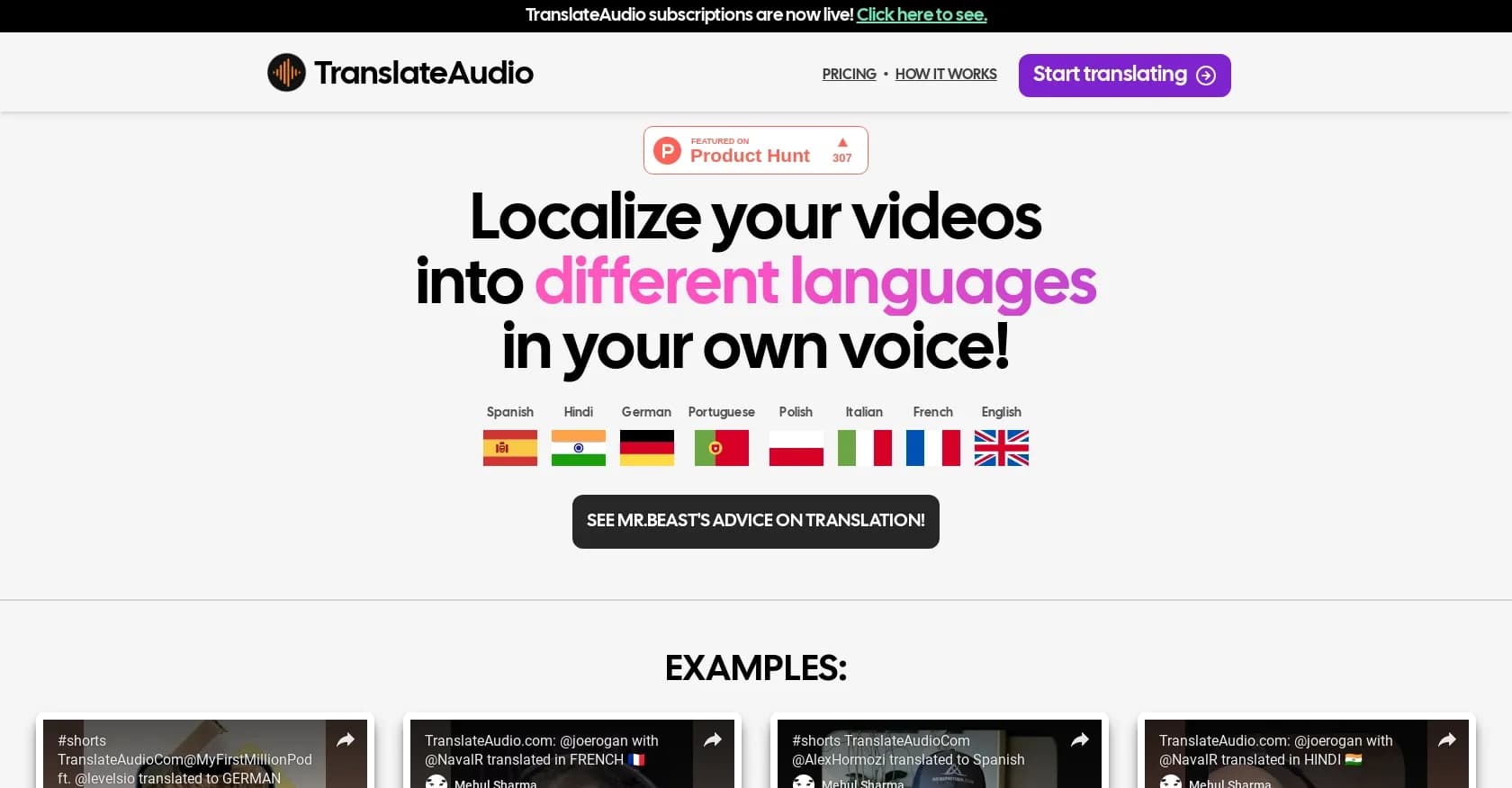 TranslateAudio homepage screenshot — Translate your voice into multiple languages instantly.