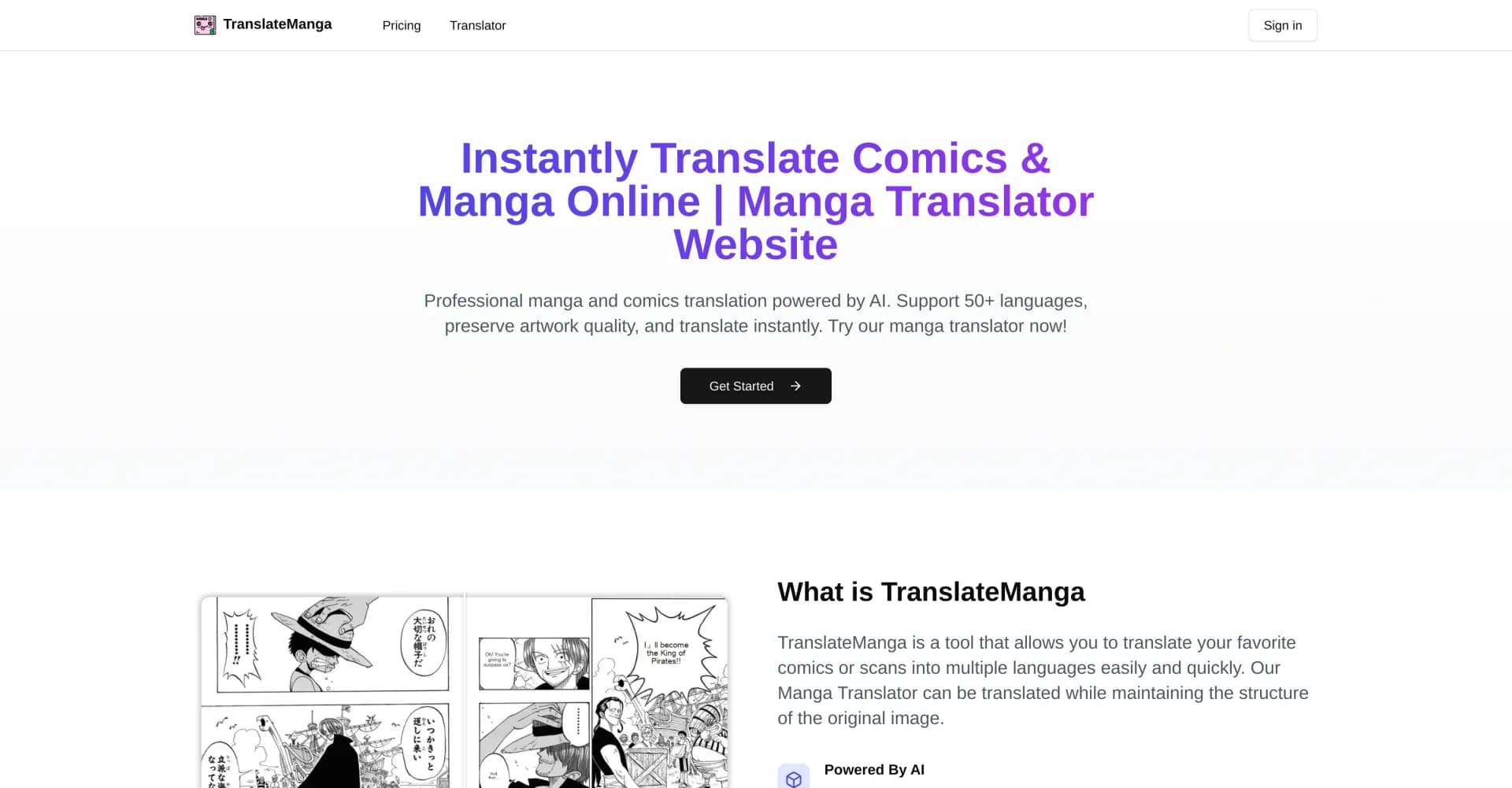 TranslateManga homepage screenshot — Instantly translate comics & manga into 50+ languages.