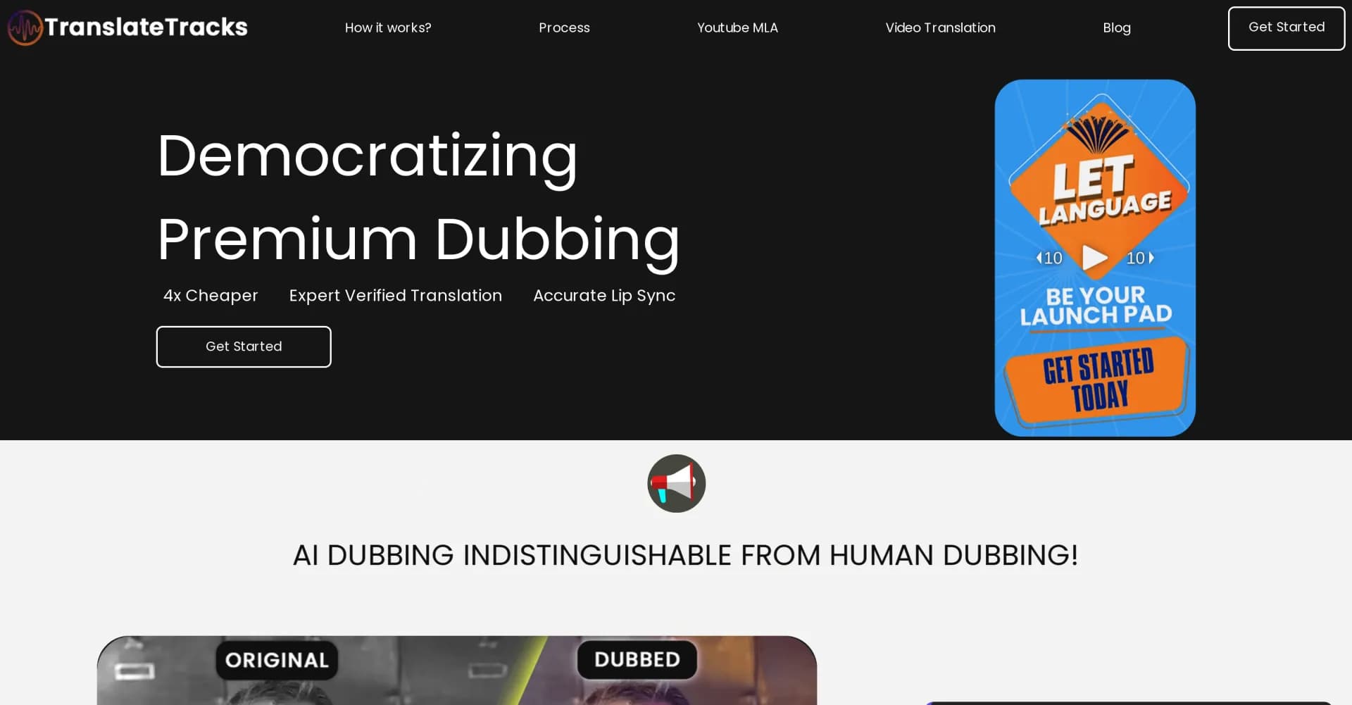 TranslateTracks homepage screenshot — Globalize content with premium AI dubbing and translation.