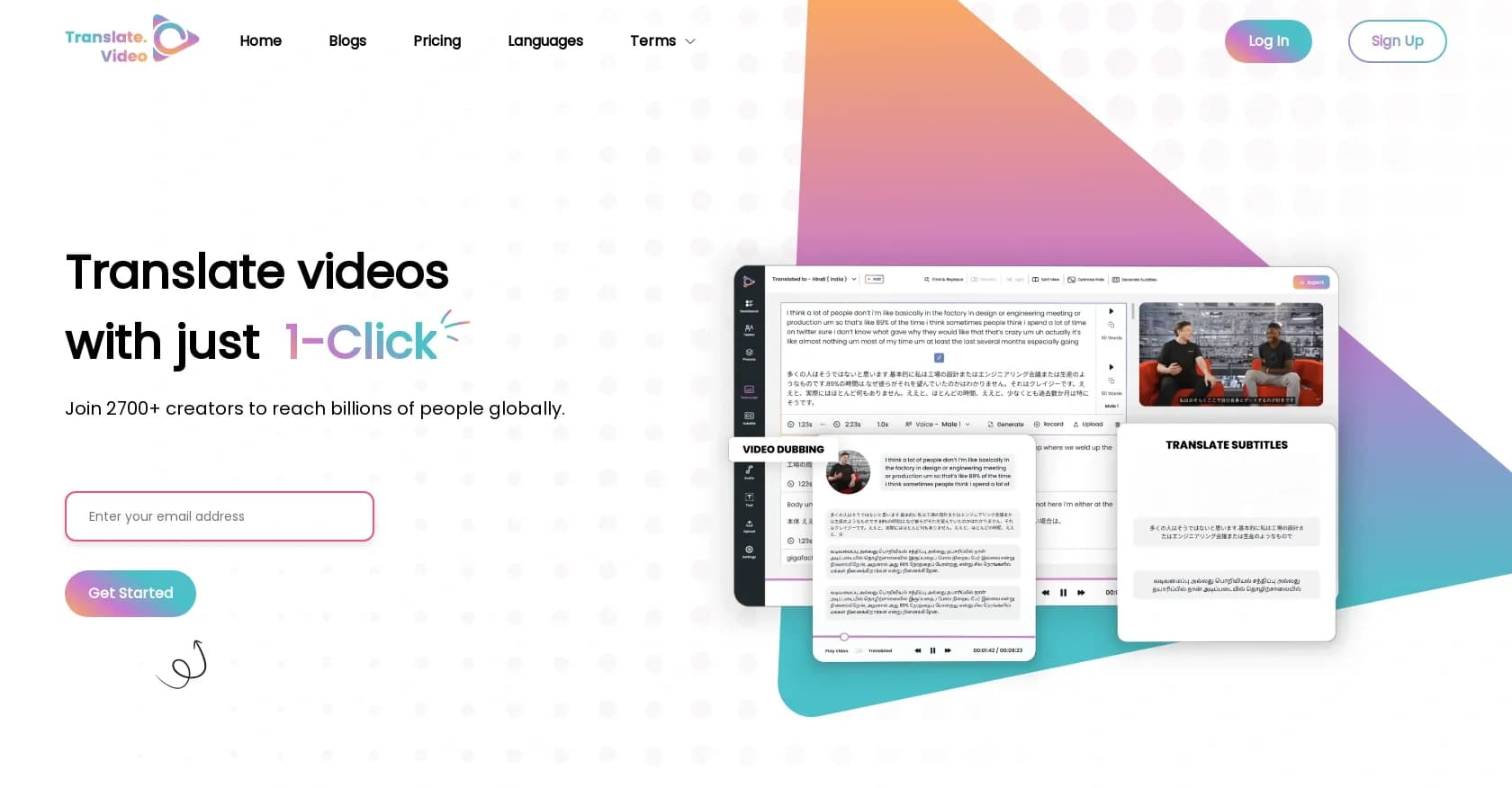 TranslateVideo homepage screenshot — Translate videos with just 1-Click