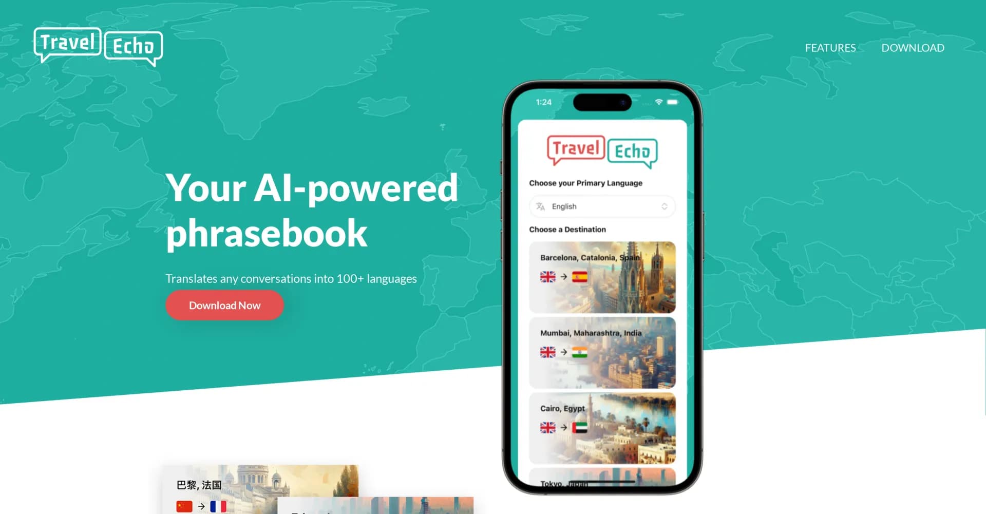 Travel Echo homepage screenshot — Translate conversations into 100+ languages effortlessly.