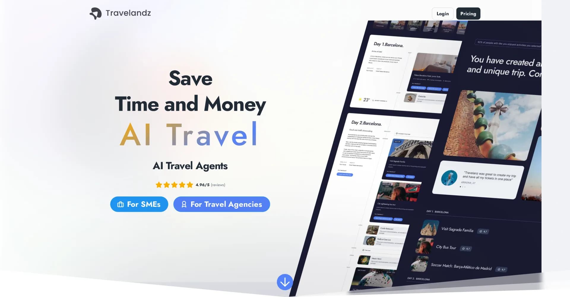 Travelandz homepage screenshot — Supercharge travel planning with AI.