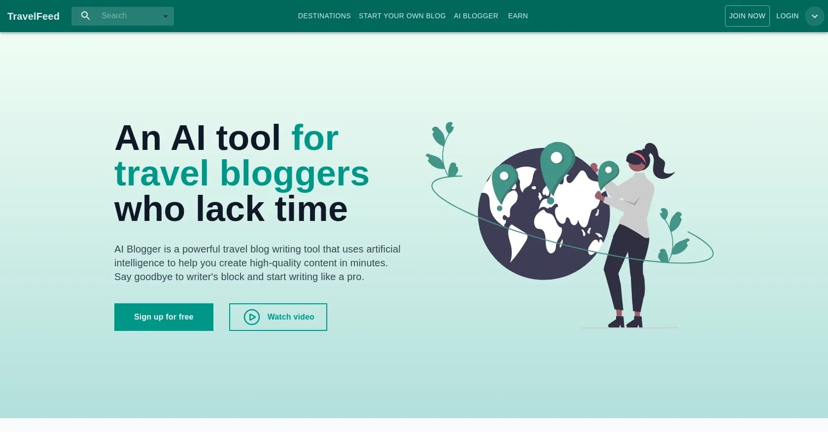 TravelFeed homepage screenshot — Write captivating travel blogs in minutes with AI.