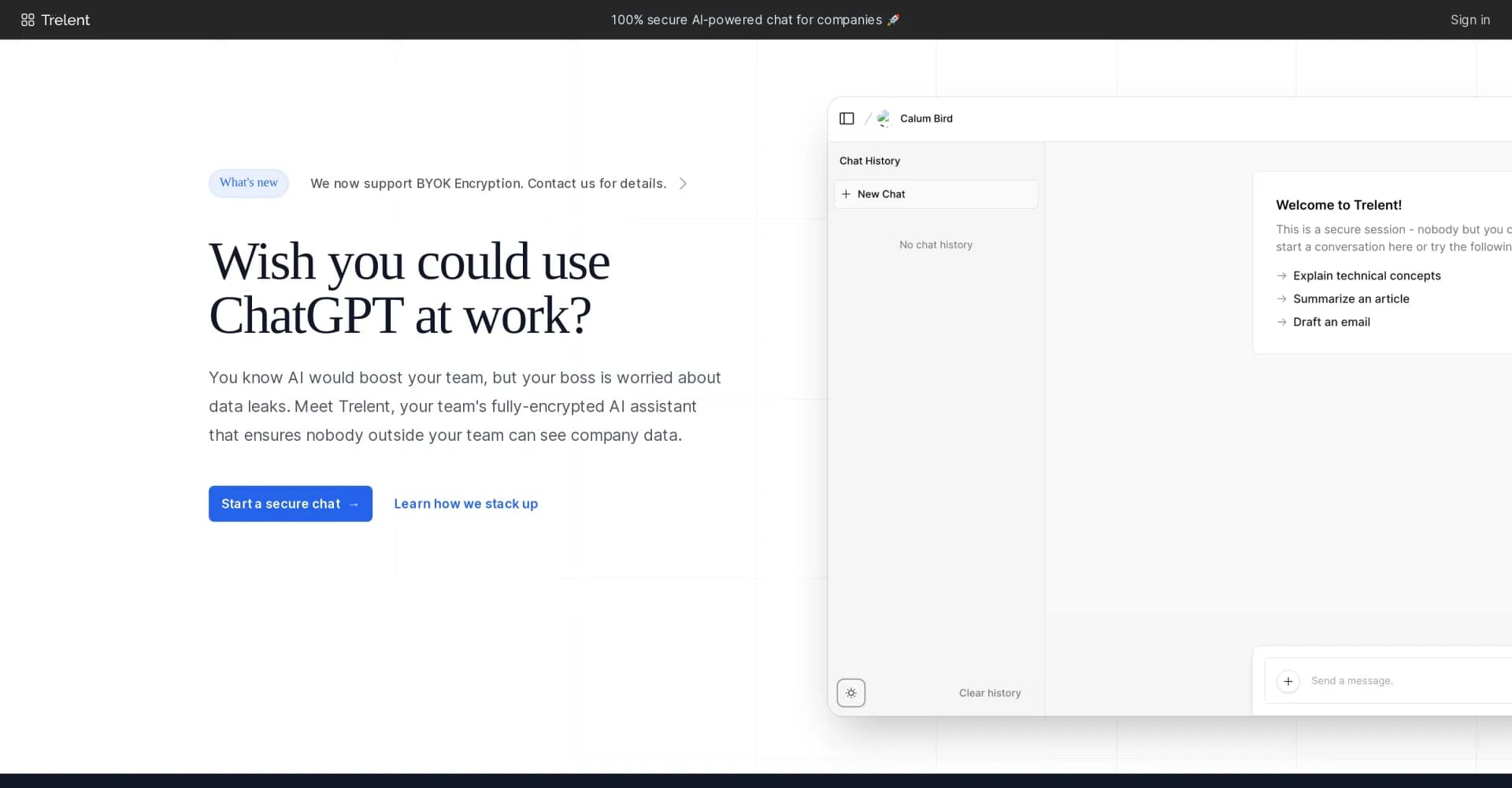 Trelent homepage screenshot — AI-powered chat for companies, 100% secure