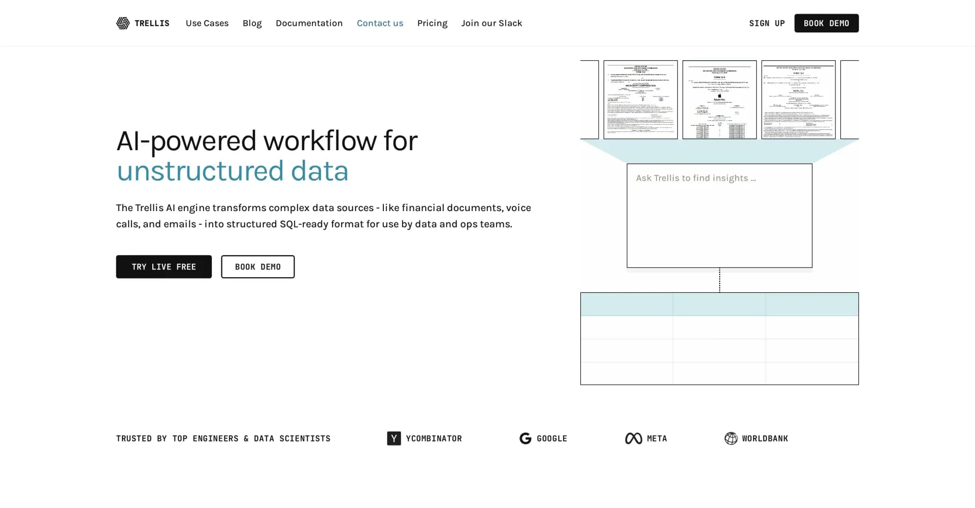 Trellis AI homepage screenshot — Transform complex data into structured formats instantly.