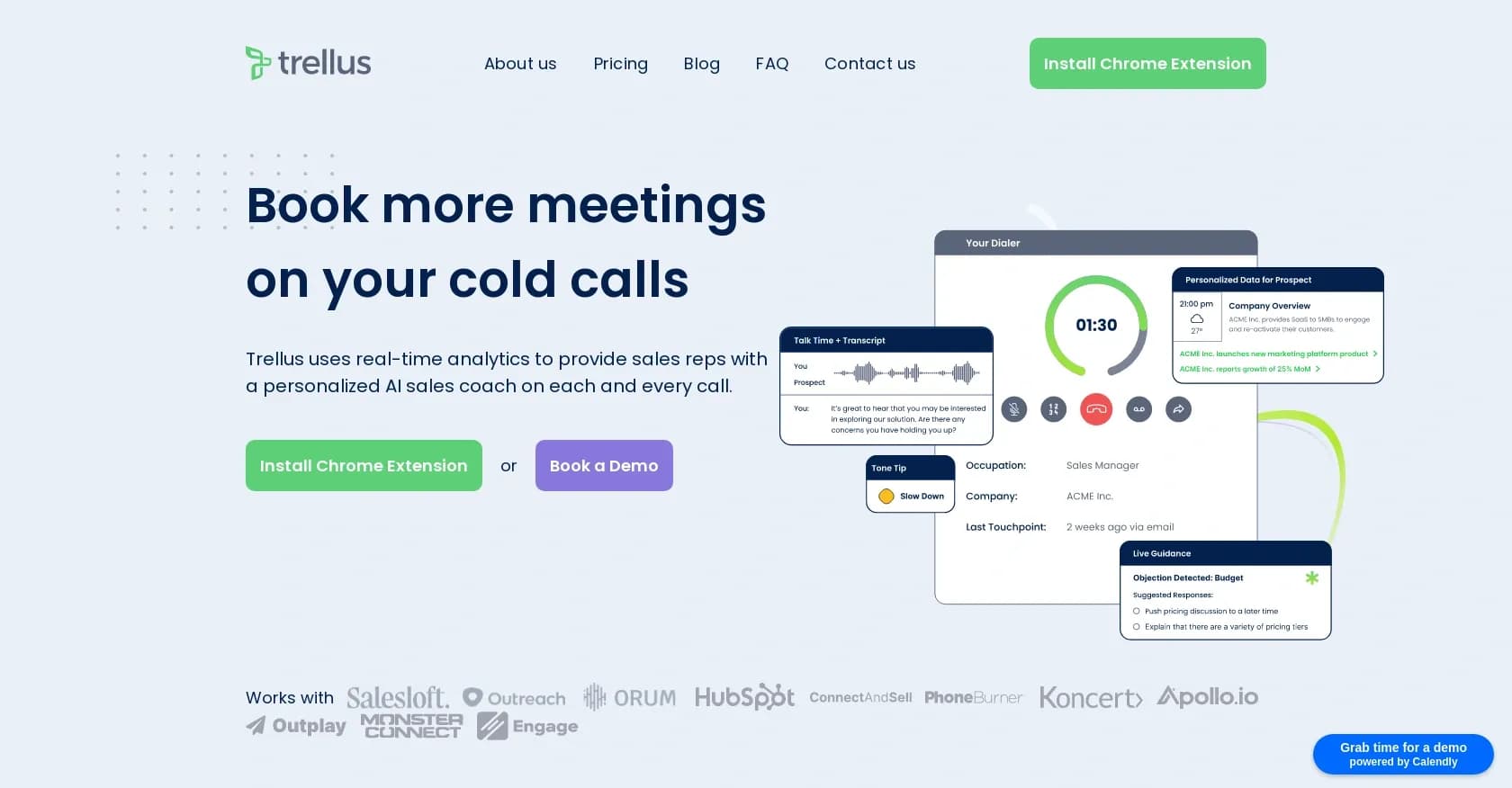 Trellus homepage screenshot — AI coach for better cold calls