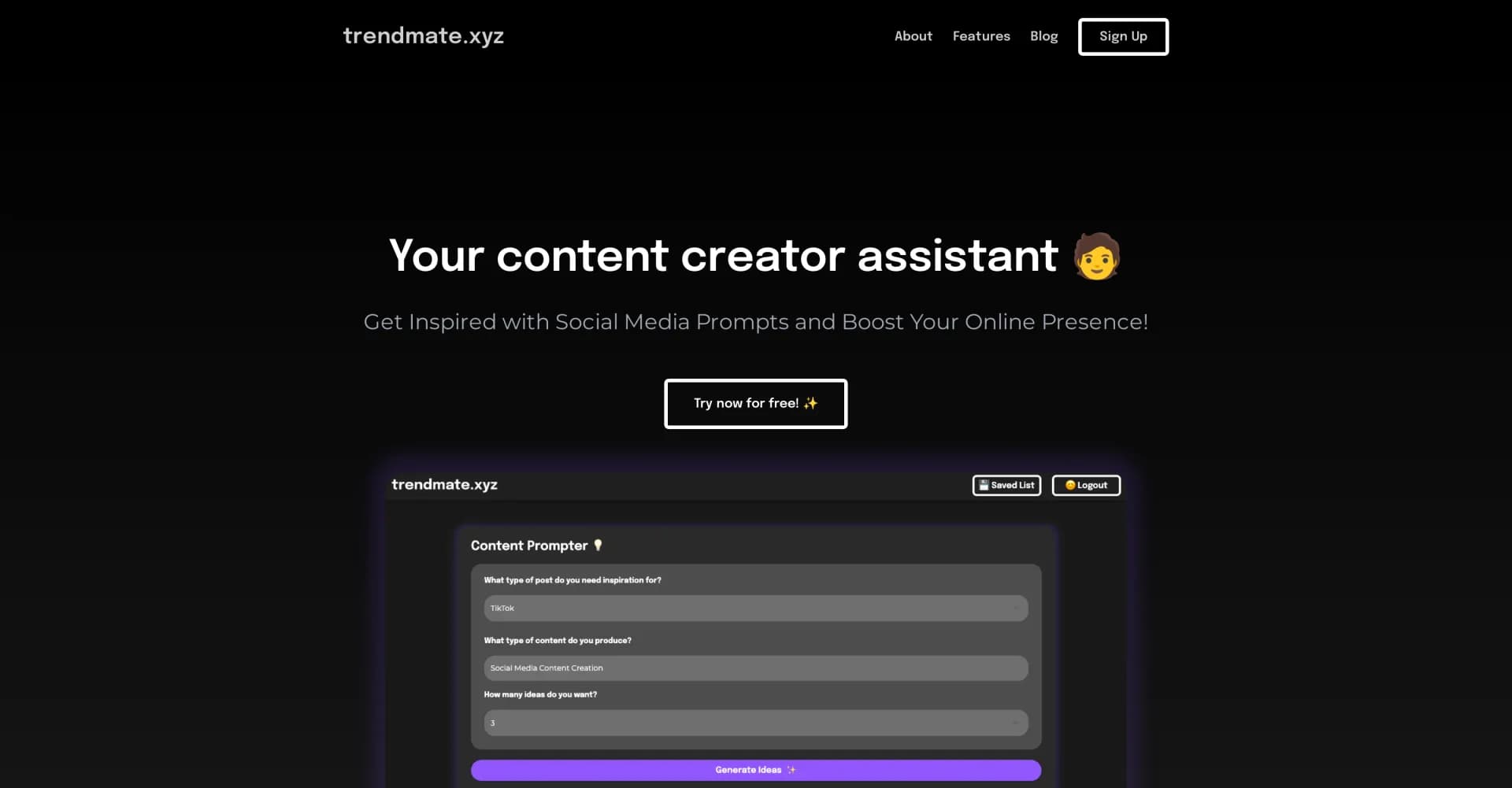 Trendmate homepage screenshot — Fuel your social media with AI-powered content ideas.