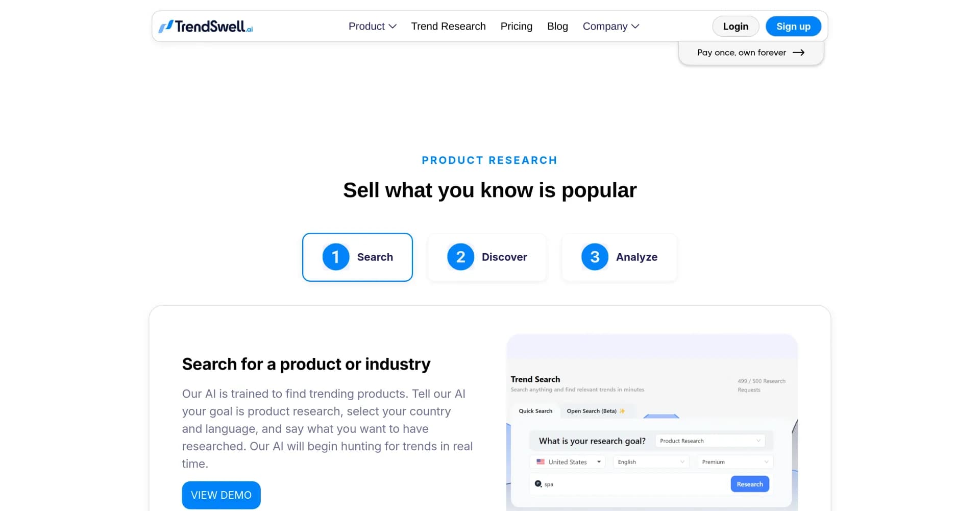 TrendSwell.ai homepage screenshot — AI-powered product trend discovery for e-commerce success.