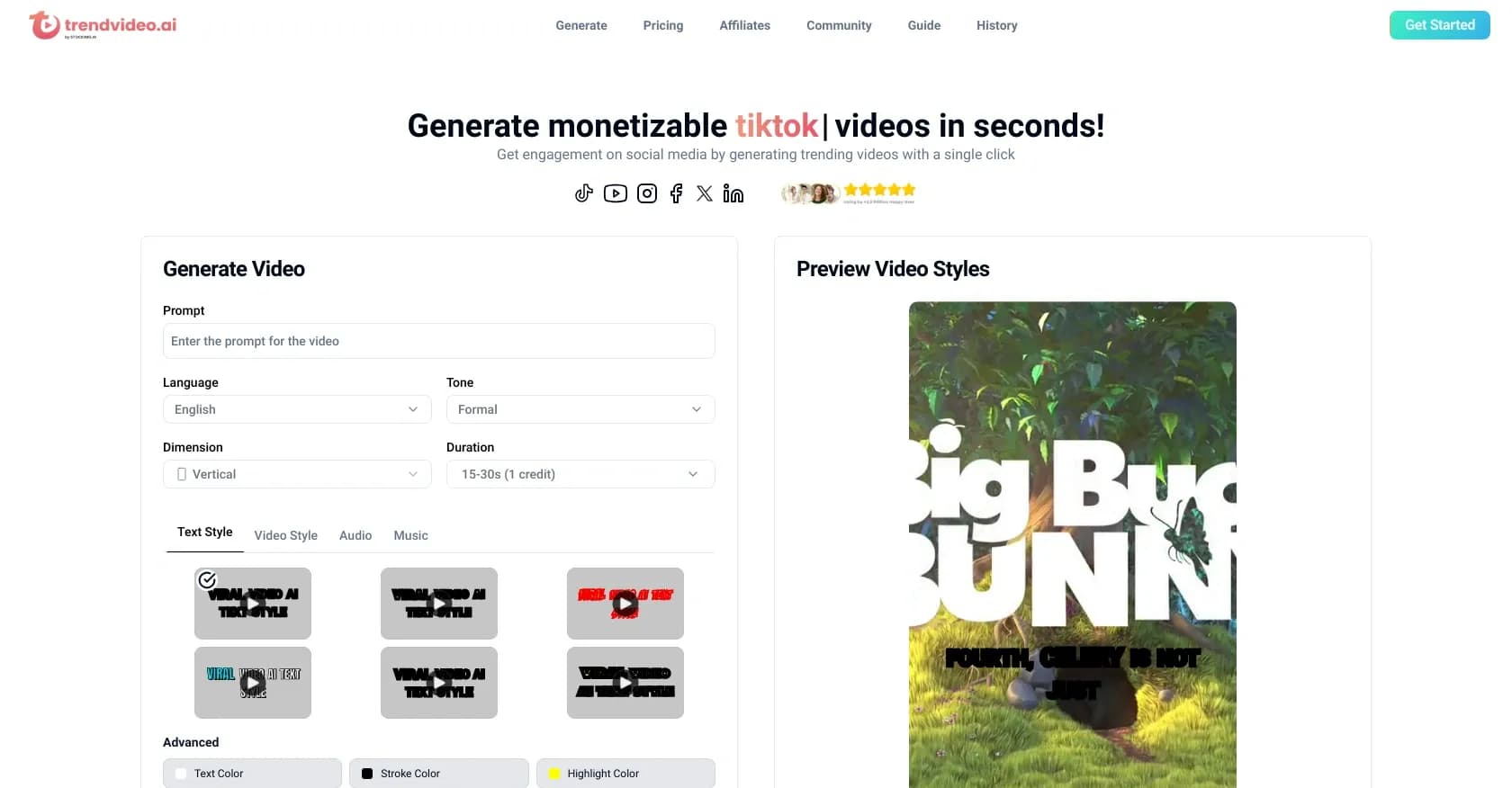 Trendvideo homepage screenshot — Generate viral videos in seconds