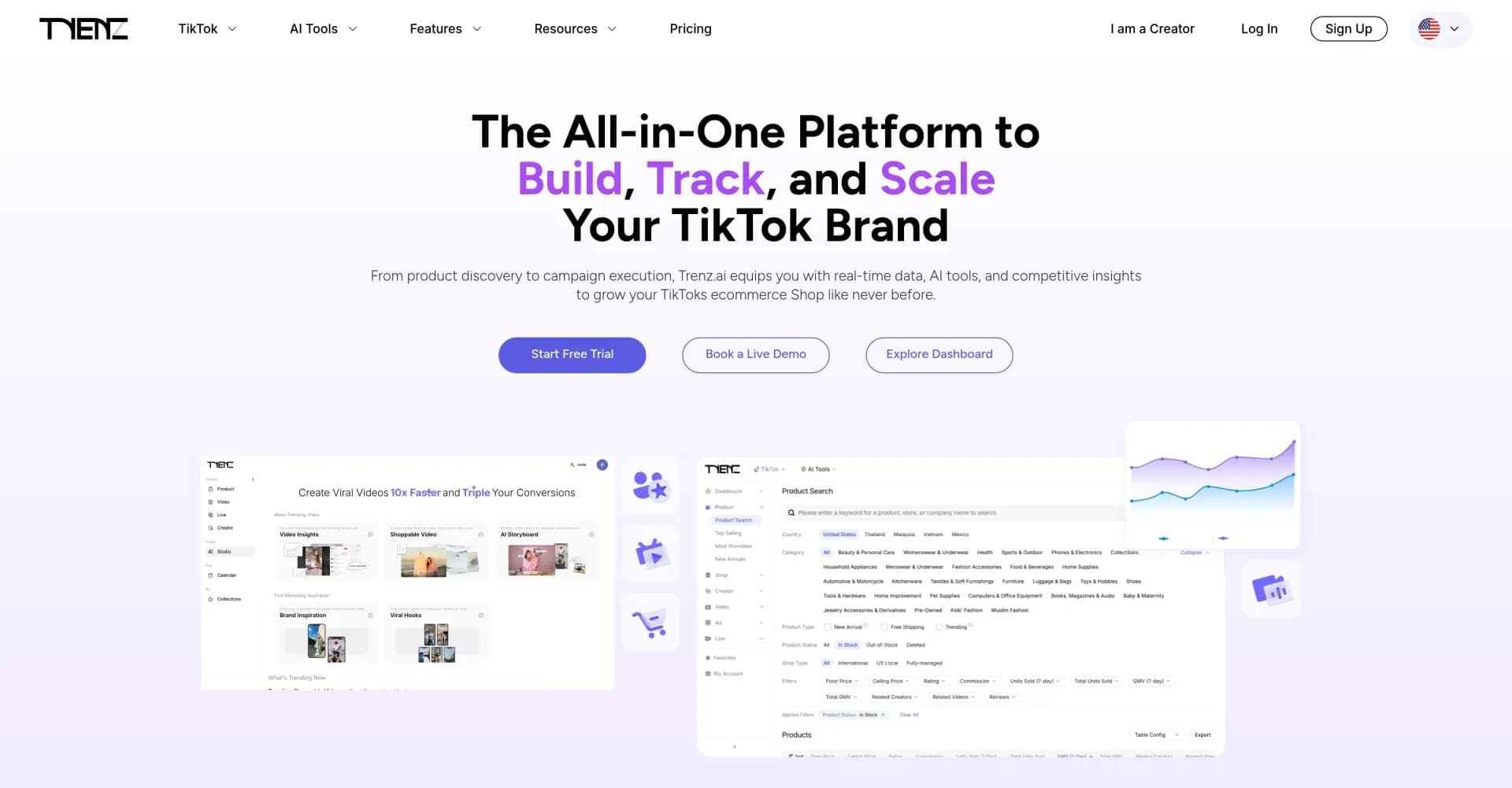 Trenz homepage screenshot — Scale your TikTok Shop with AI-powered insights.