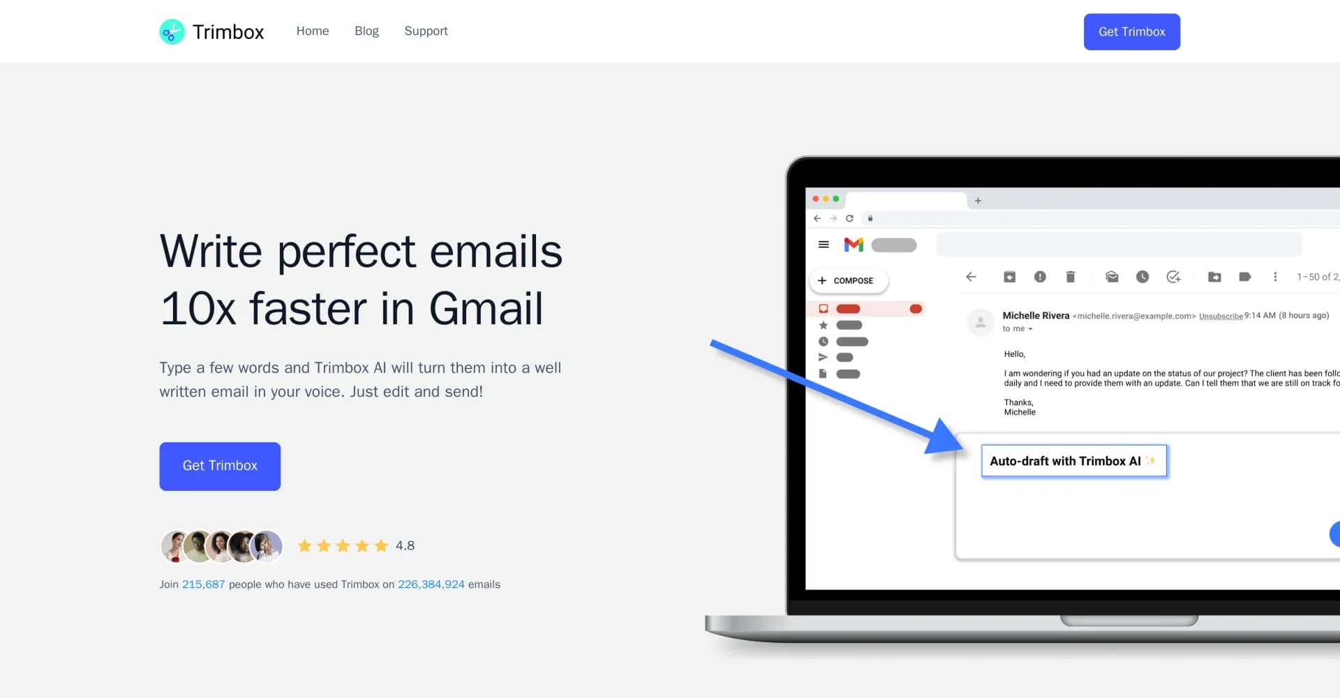 Trimbox AI Assistant homepage screenshot — Automatically draft email replies, straight from Gmail.