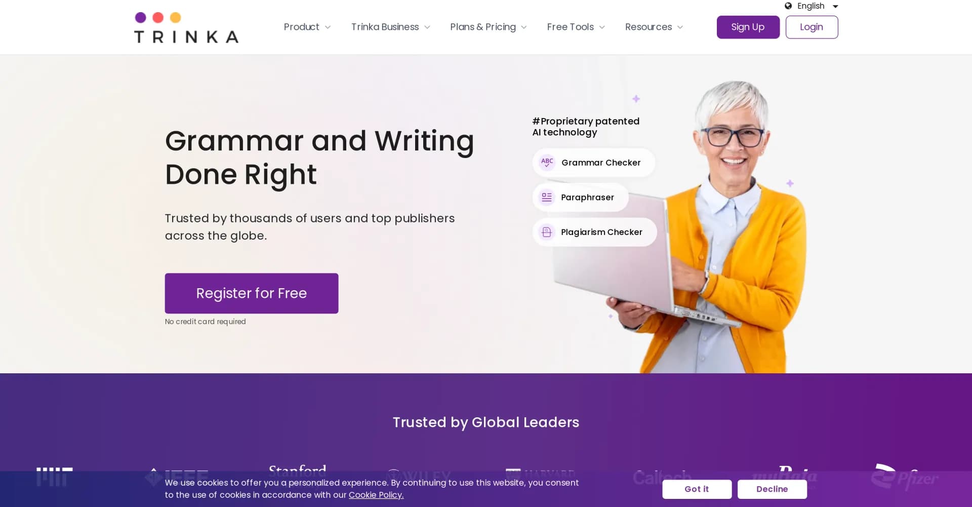 Trinka AI homepage screenshot — AI Grammar Checker
