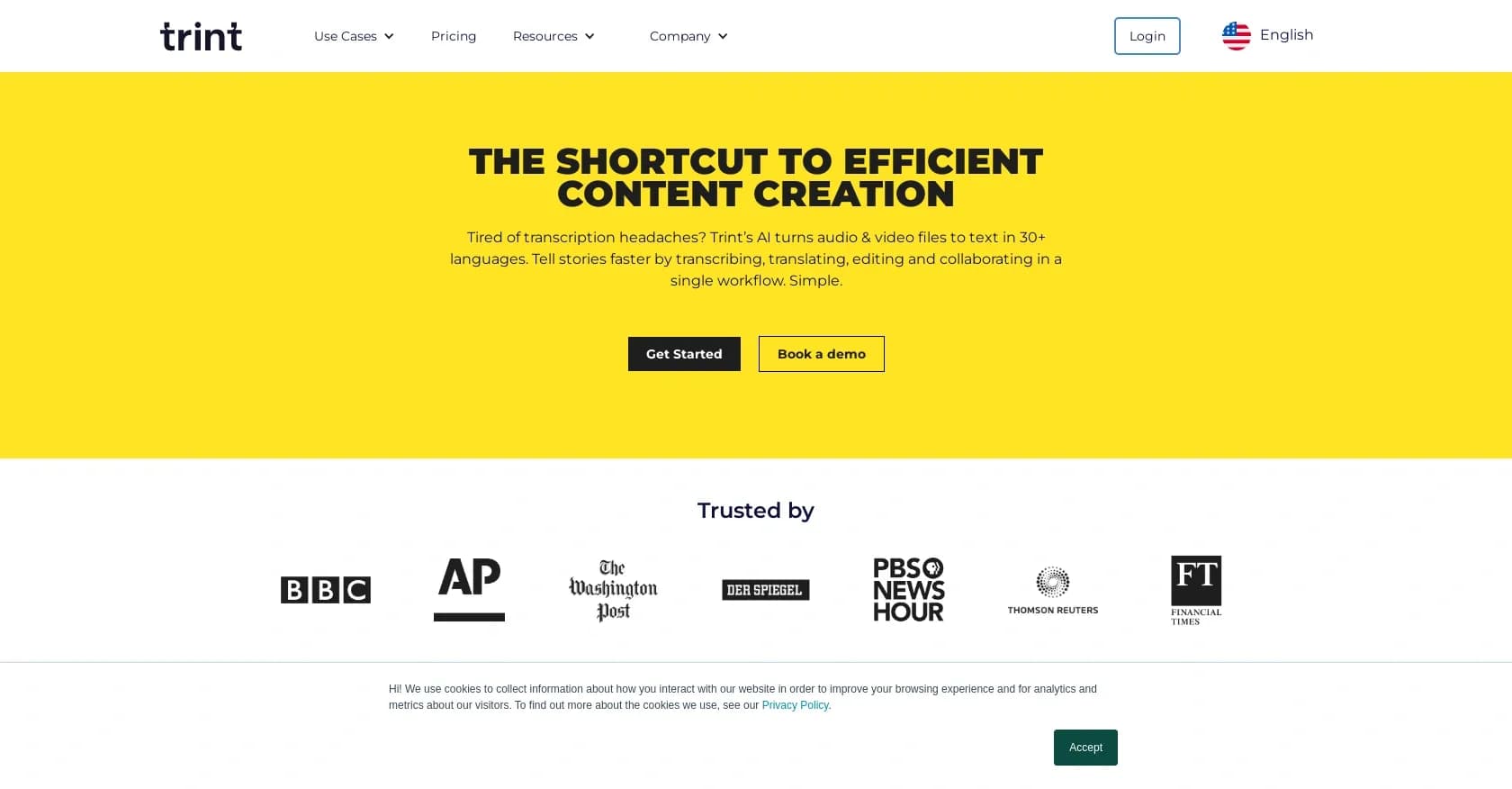 Trint homepage screenshot — Transcribe video and audio to text with AI