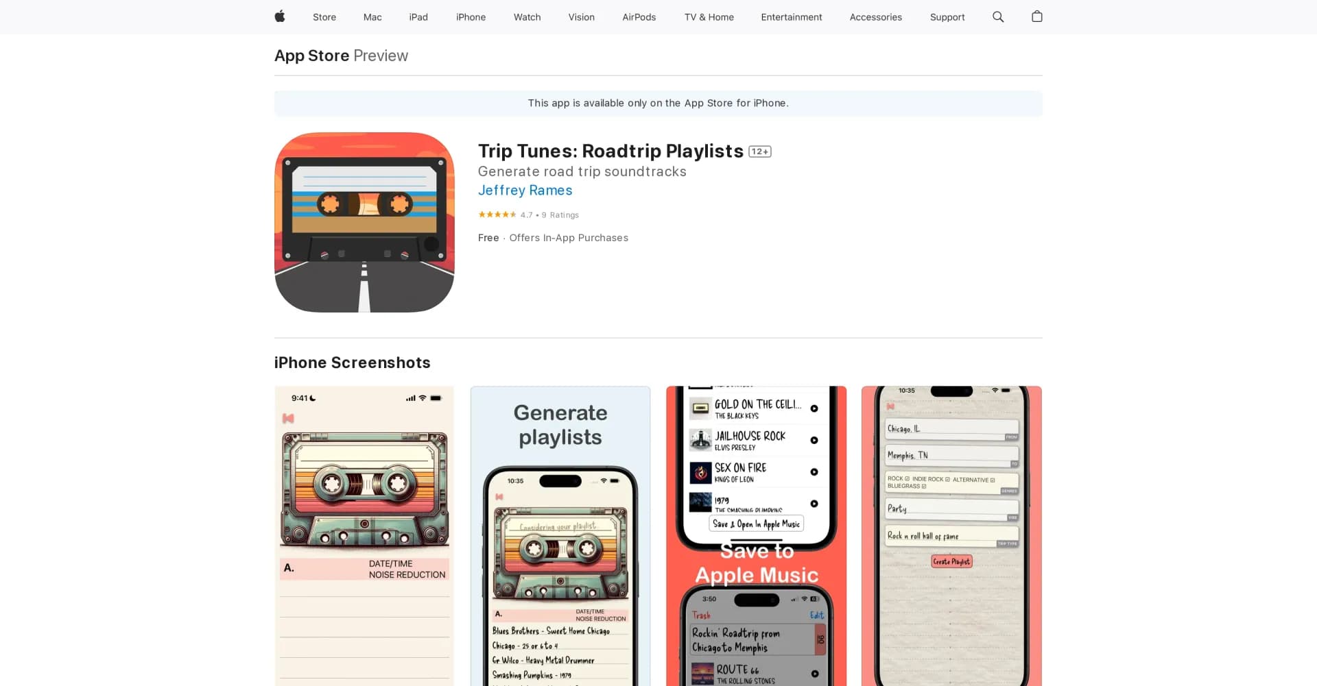 Trip Tunes homepage screenshot — Automagically creates perfect playlists for your trips.
